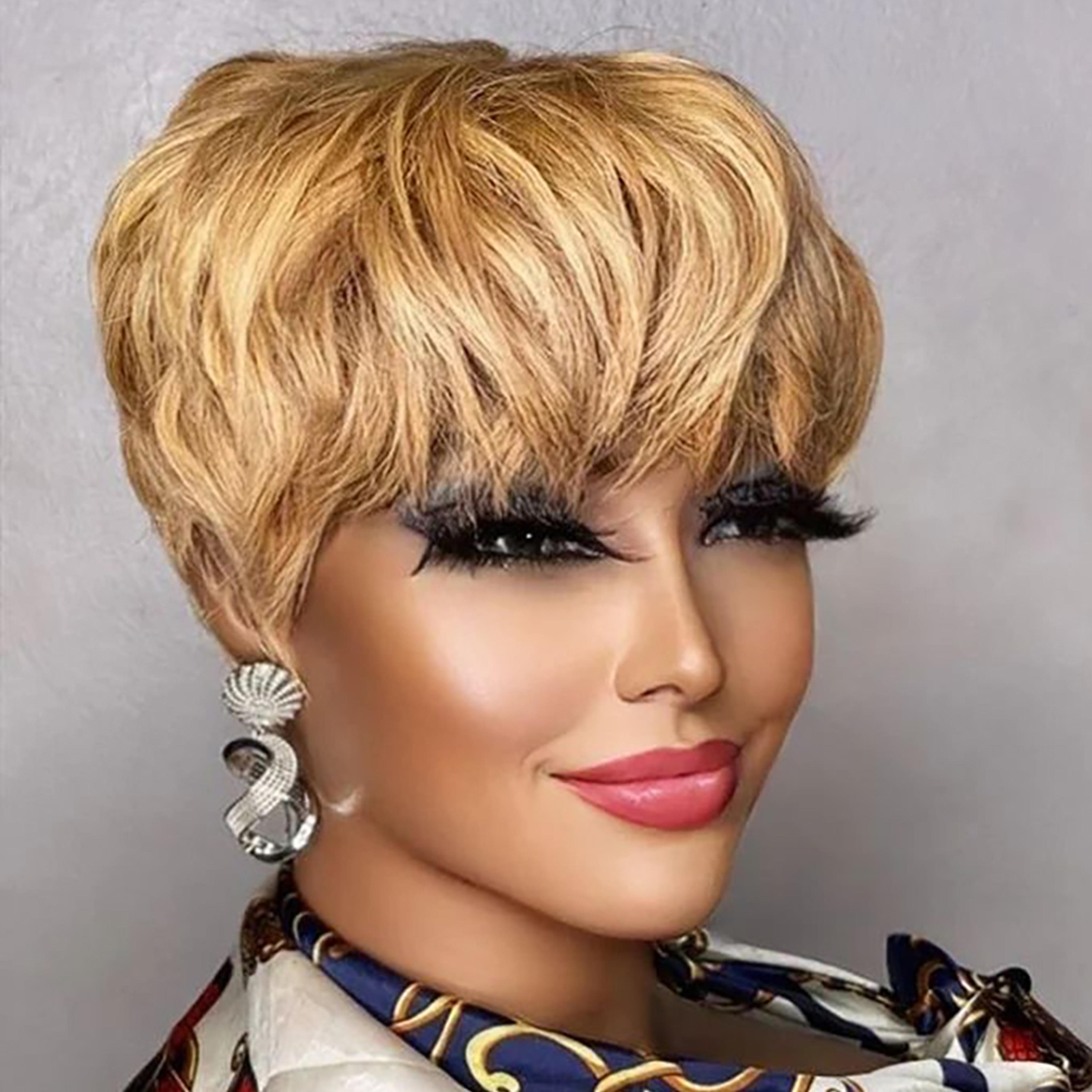 brown short pixie cut wig human hair for black women, machine made wigs with bangs, colored human hair wigs