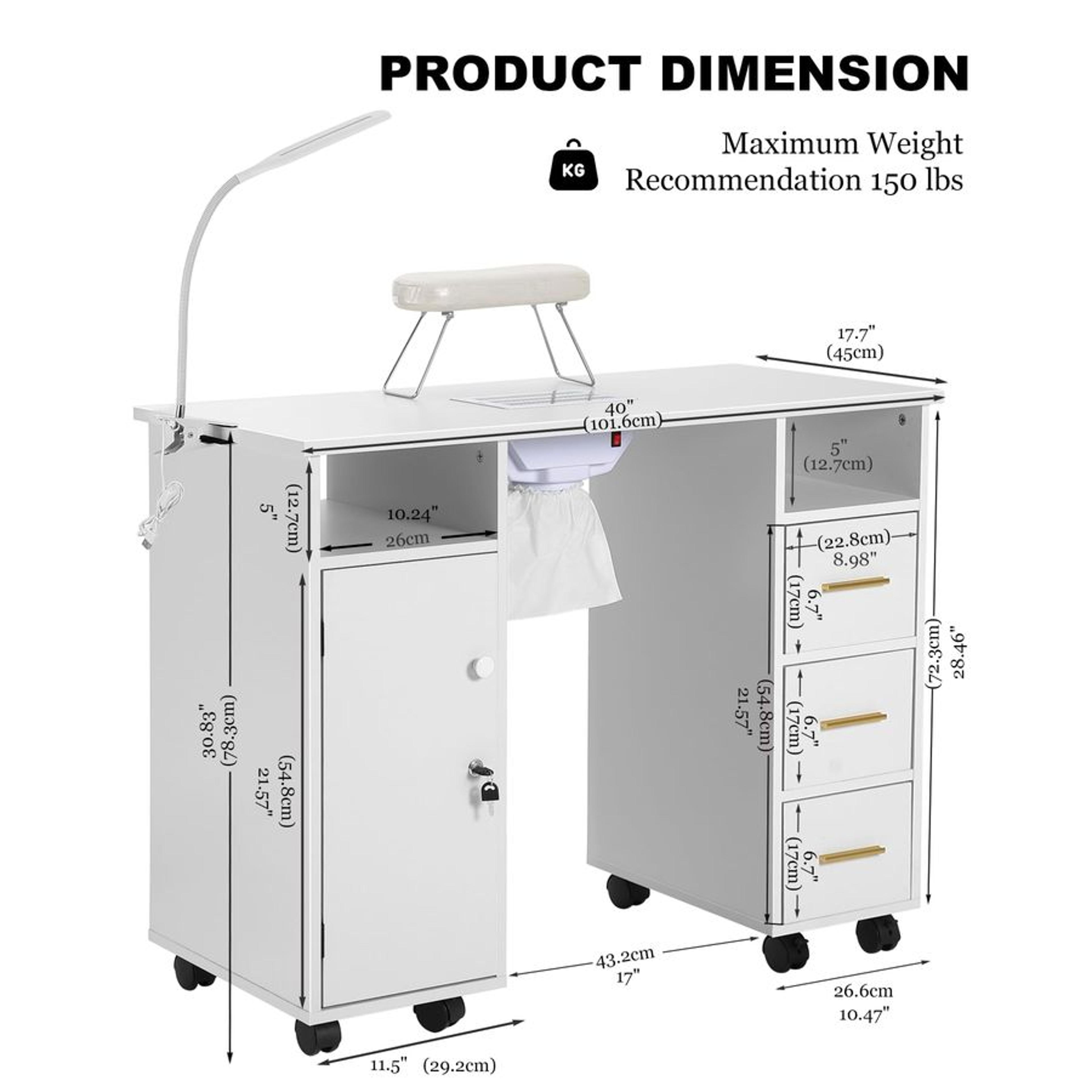 Nail Tech Table Desk With Charging Station Dust Collector LED Lamp NonWoven Drawers 0