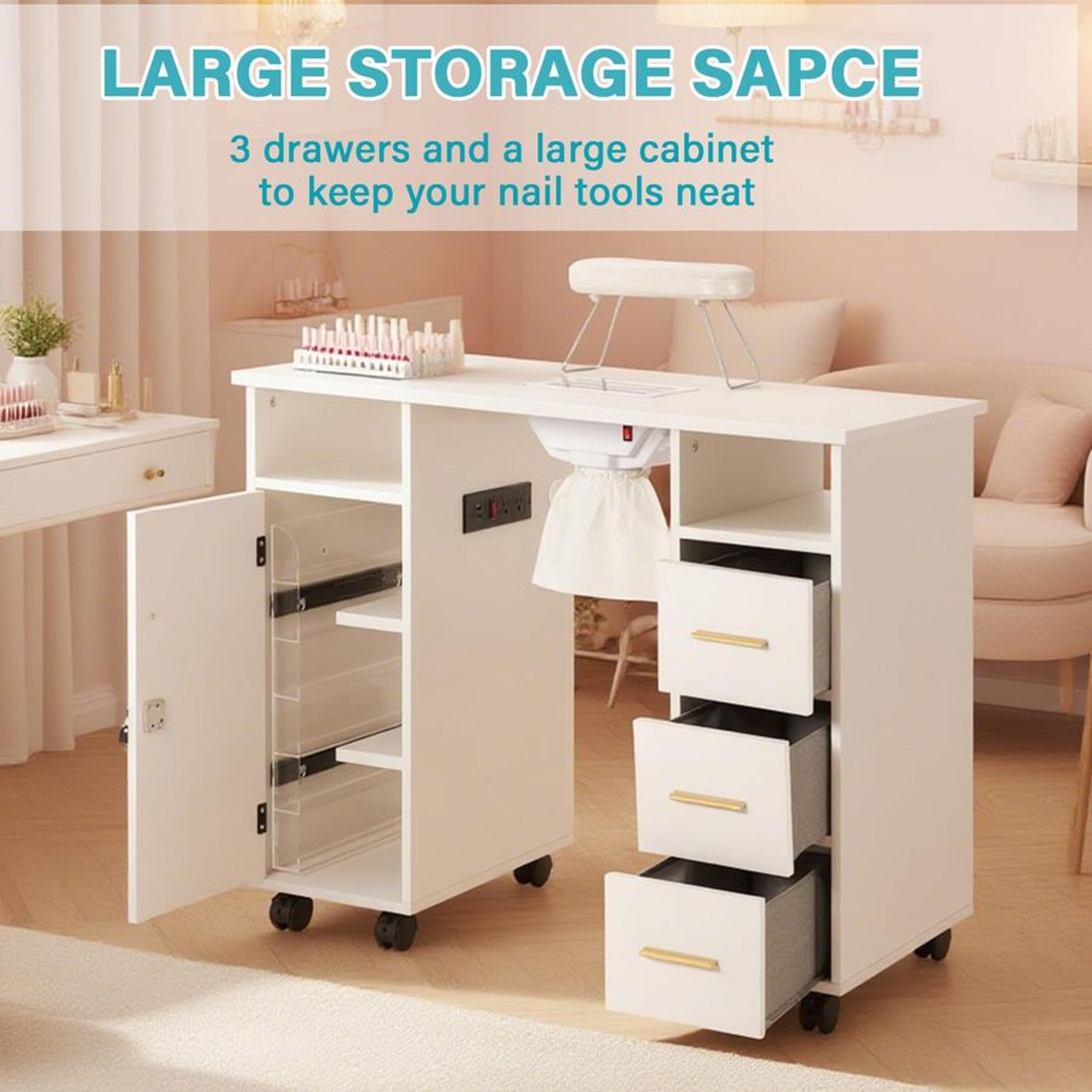 Nail Tech Table Desk With Charging Station Dust Collector LED Lamp NonWoven Drawers 3