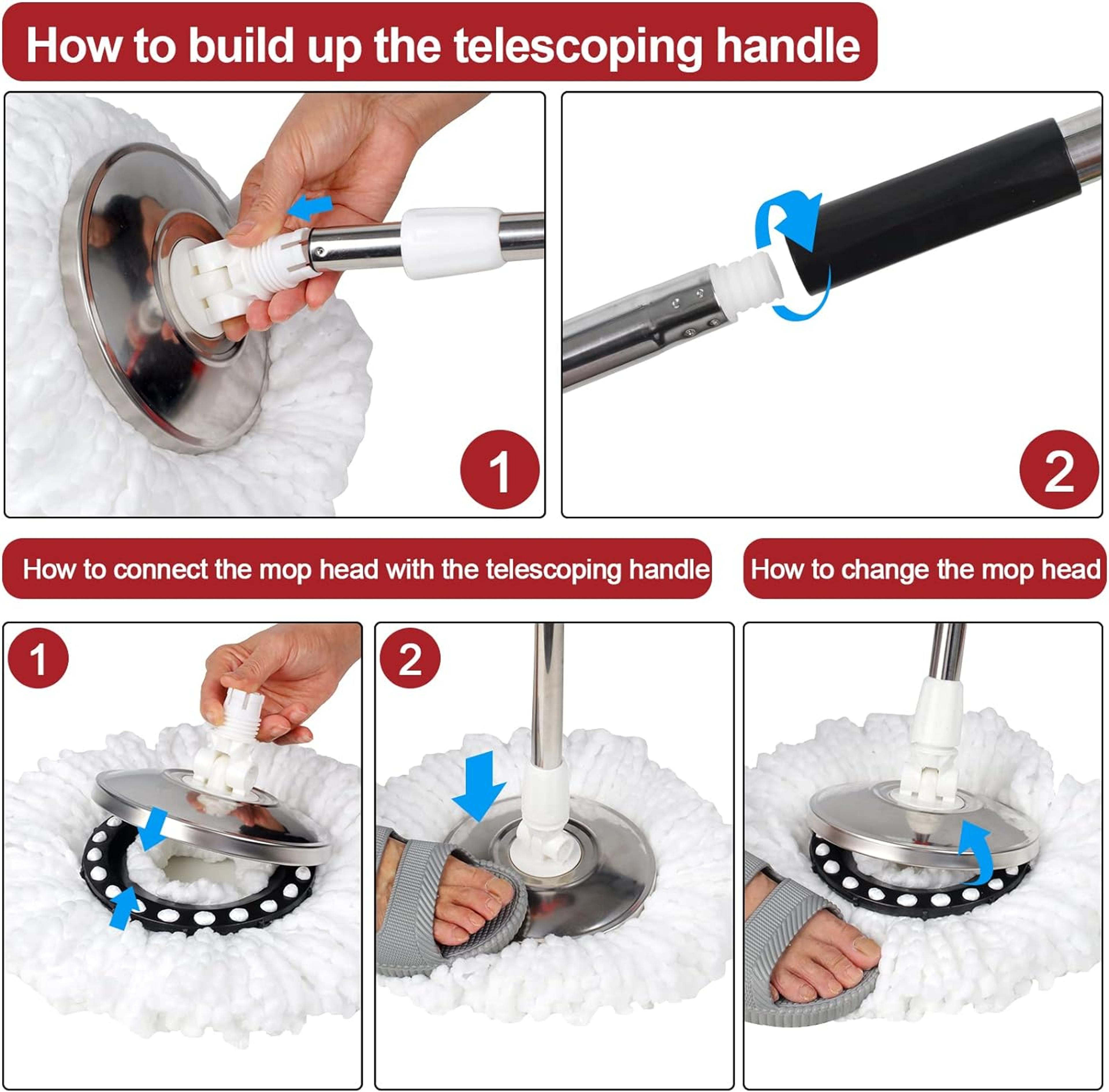 Spin Mop Set With Wring System Microfiber Heads Stainless Steel Basket Handle For Efficient Floor C 2