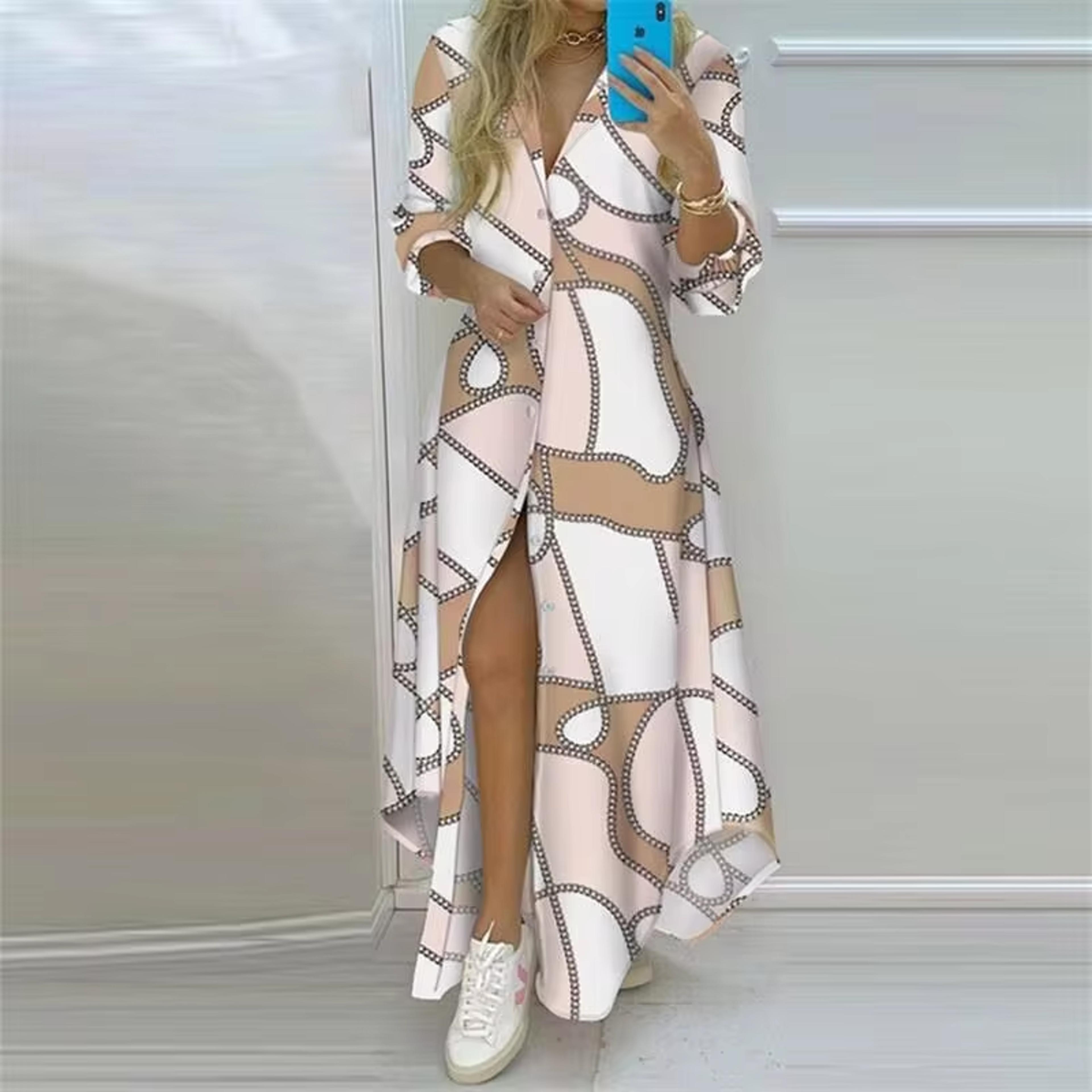 summer women boho printed maxi dresses turn-down collar long sleeve casual split shirt elegant dress evening dresses
