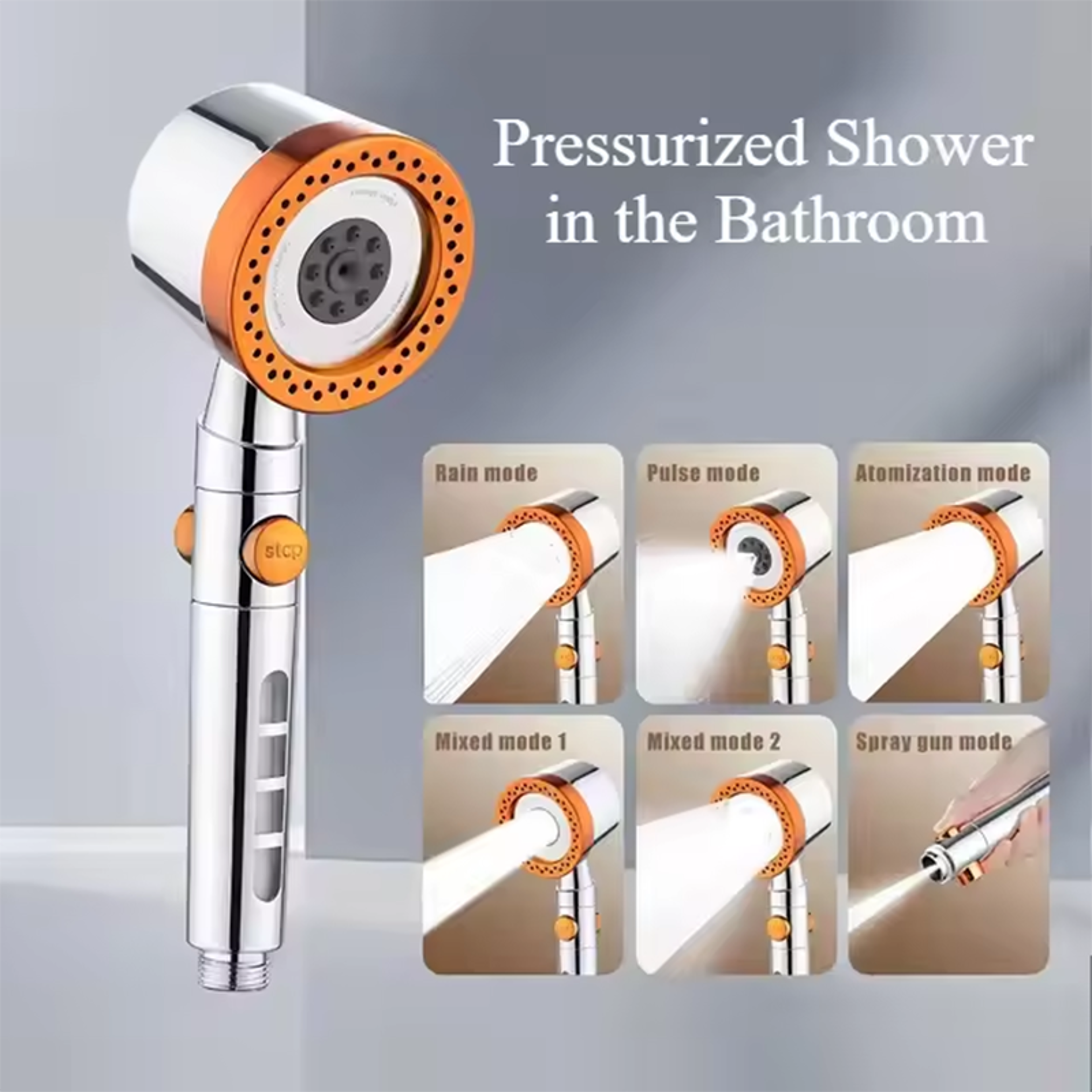 New High Pressure Water Saving Handheld Shower Head With Modes One Button Stop Bathroom Accessories