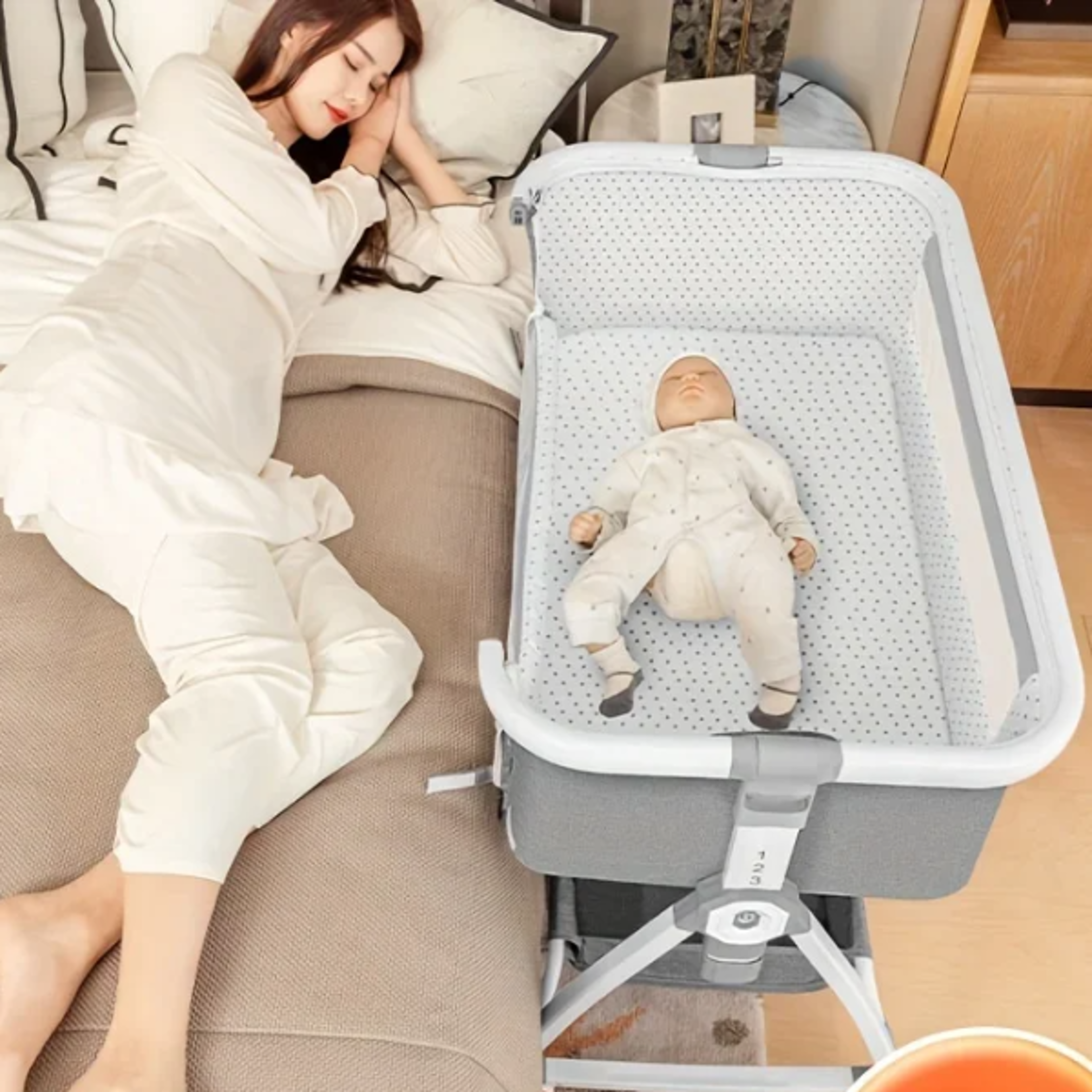 baby crib portable, foldable cradle bed with adjustable height, movable splicing bedside swing
