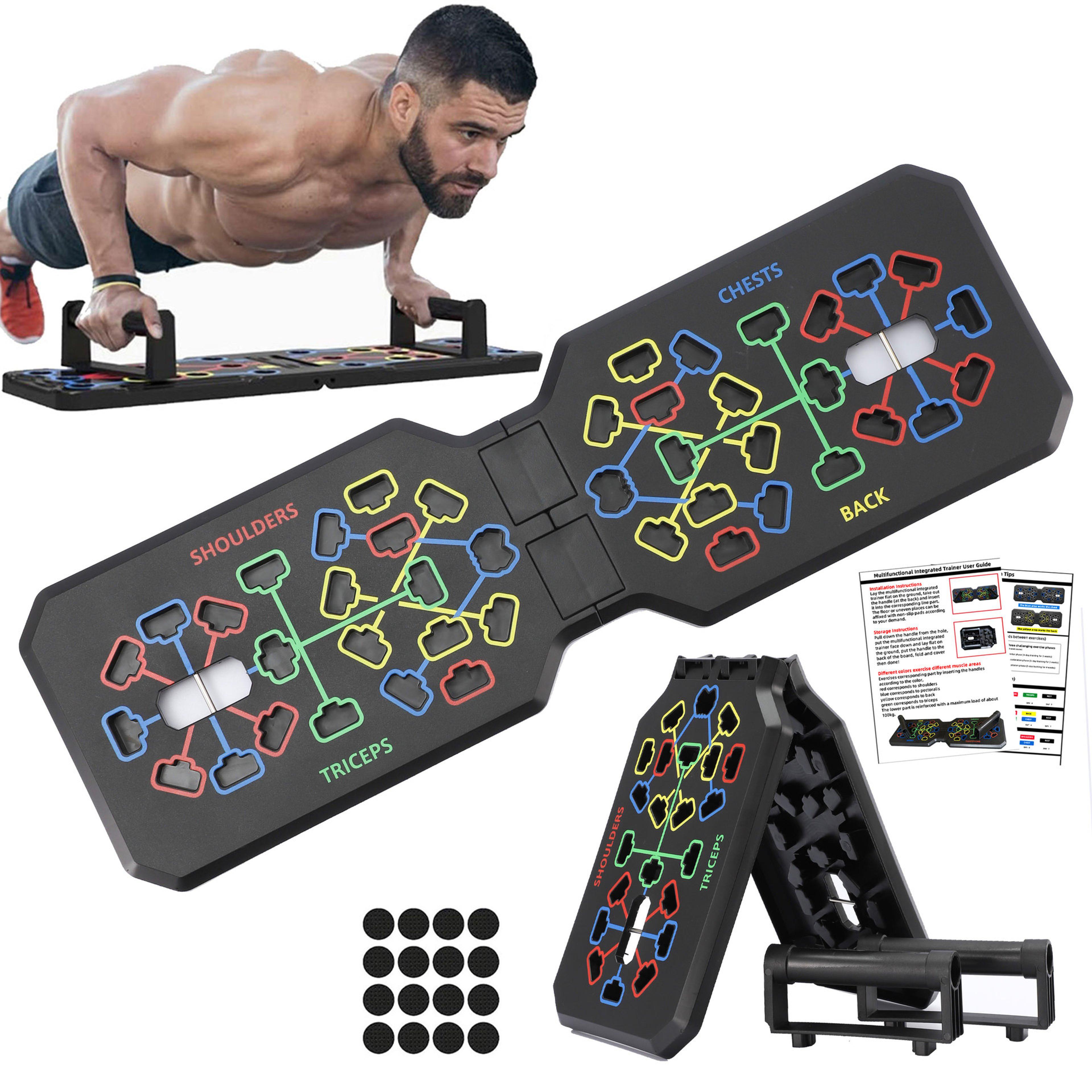 foldable fitness equipment with handles for chest abdomen arms and back training, portable multifunctional push-up board