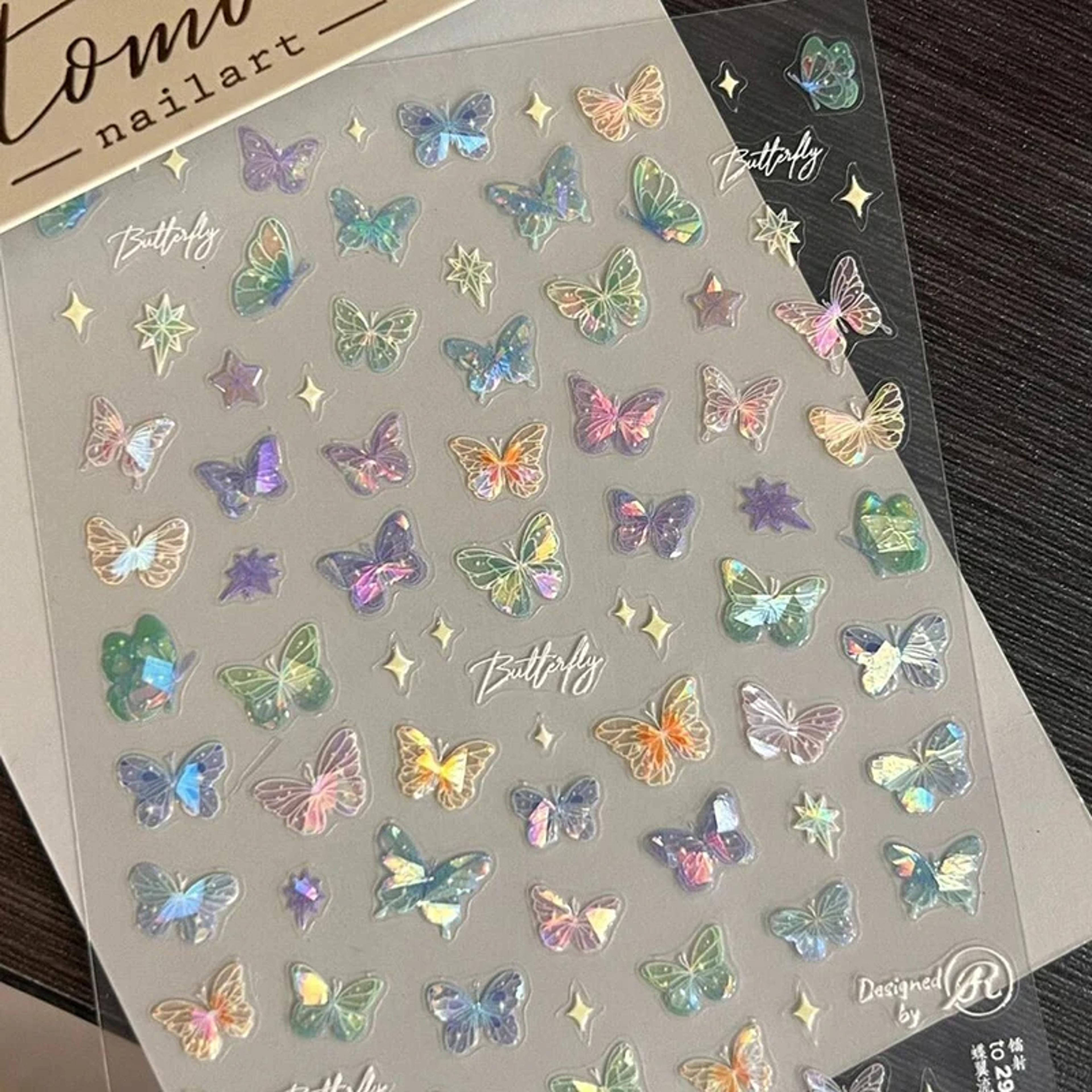 colorful butterfly fairy nail art stickers, fashion laser stickers with advanced embossed butterfly wings