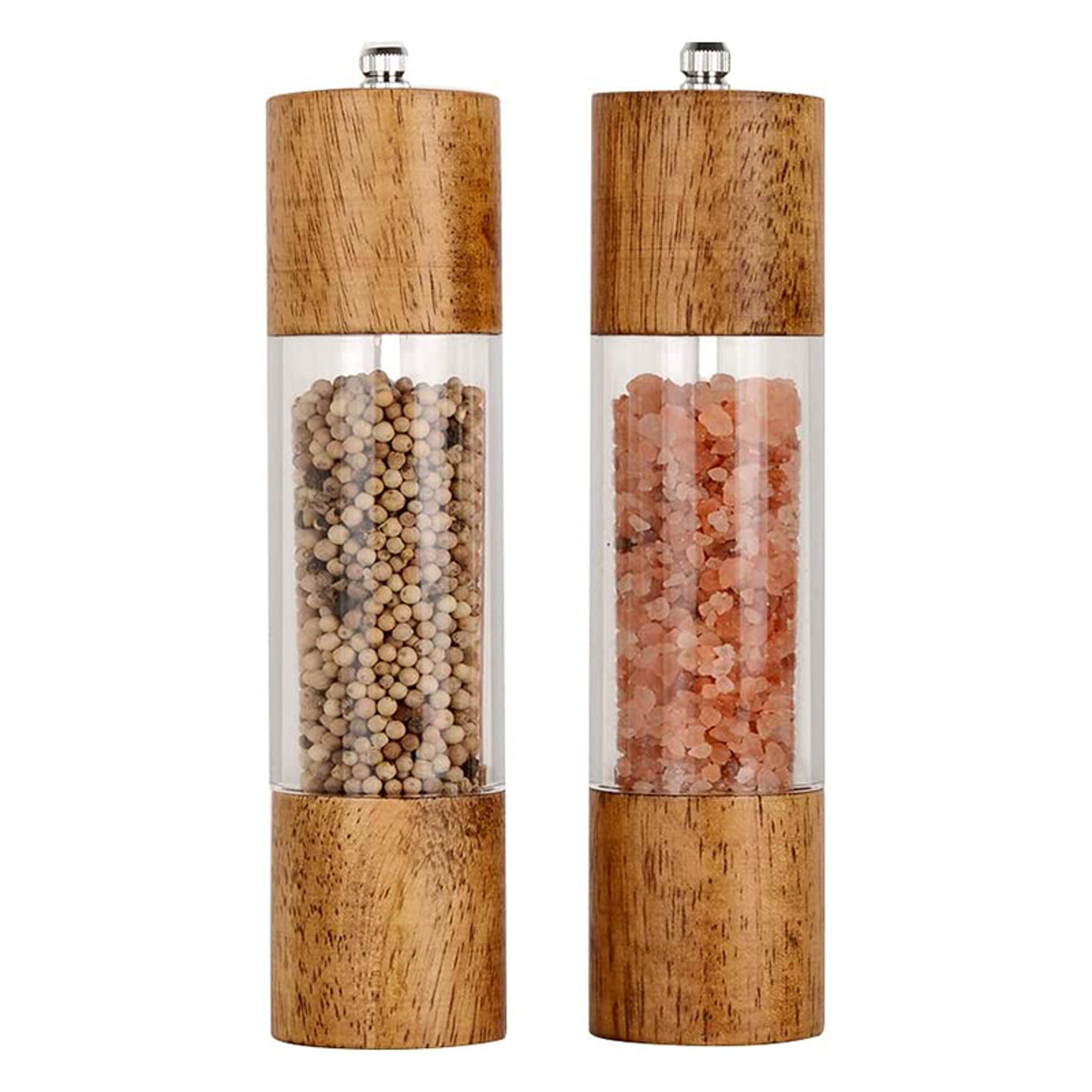 manual salt and pepper mills, premium acrylic grinder set with wooden shakers and adjustable ceramic core