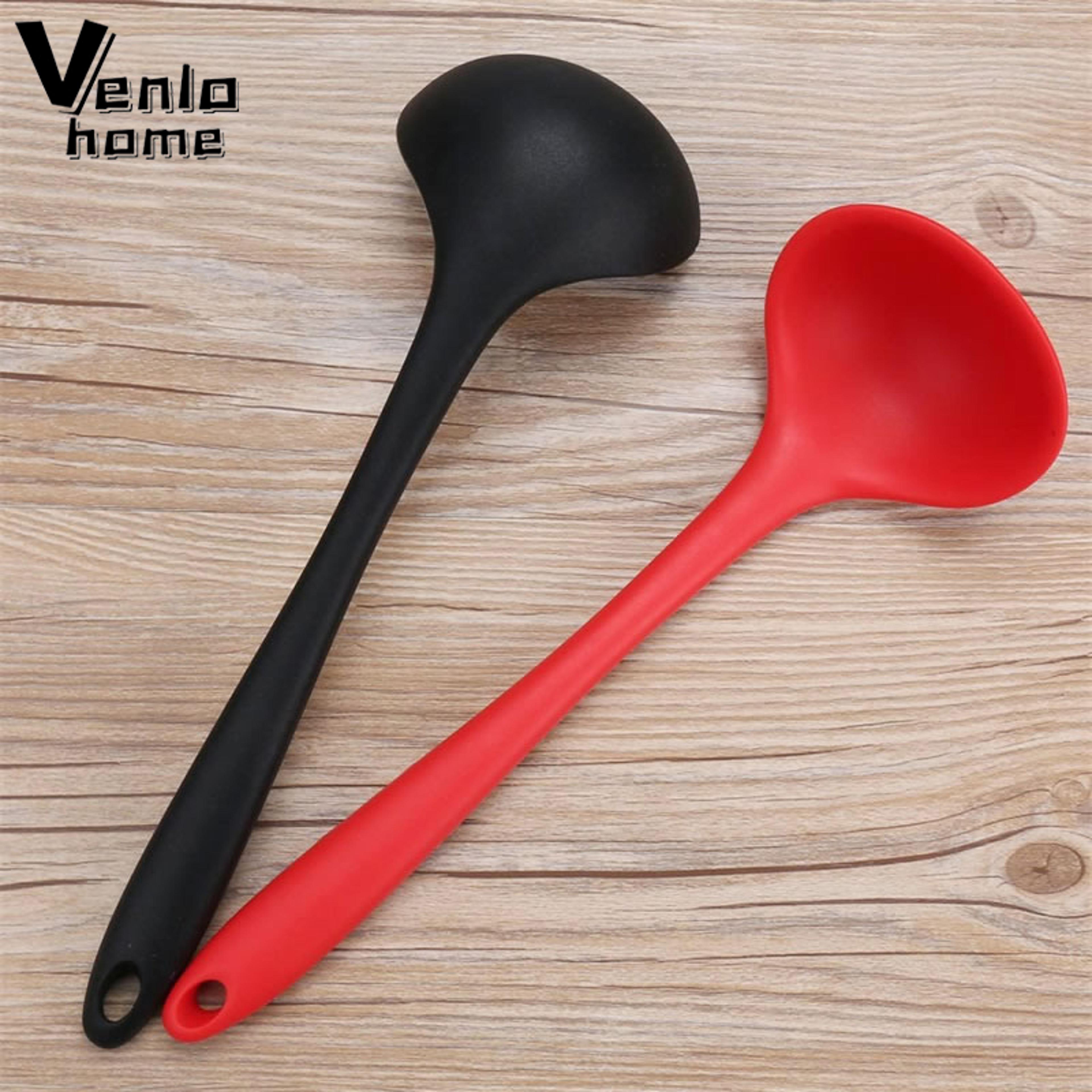 heat resistant non-stick silicone ladle spoon flexible round scoop cooking utensils with curved handle