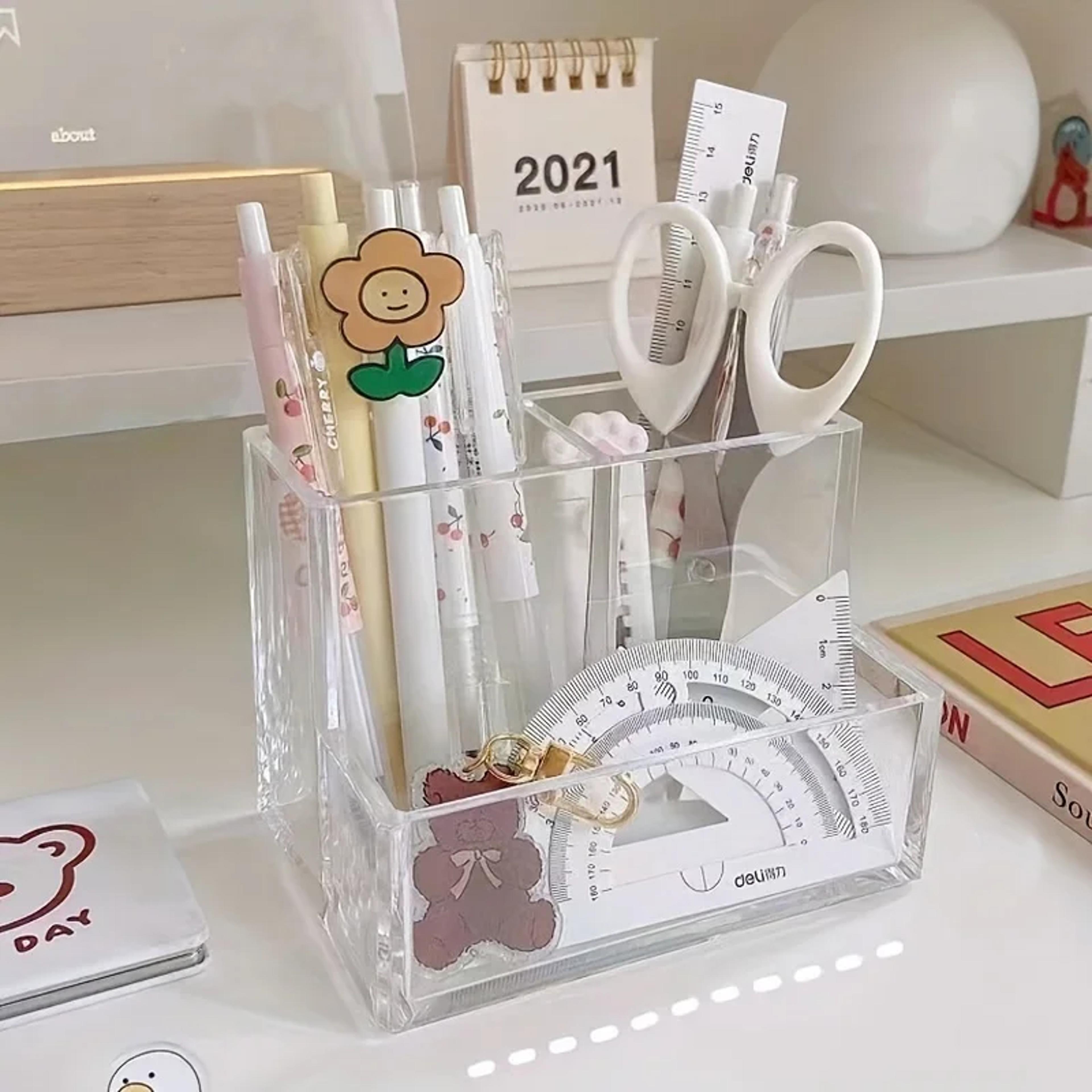 student desktop storage box with simplified acrylic transparent three grid pen holder for office desk organization