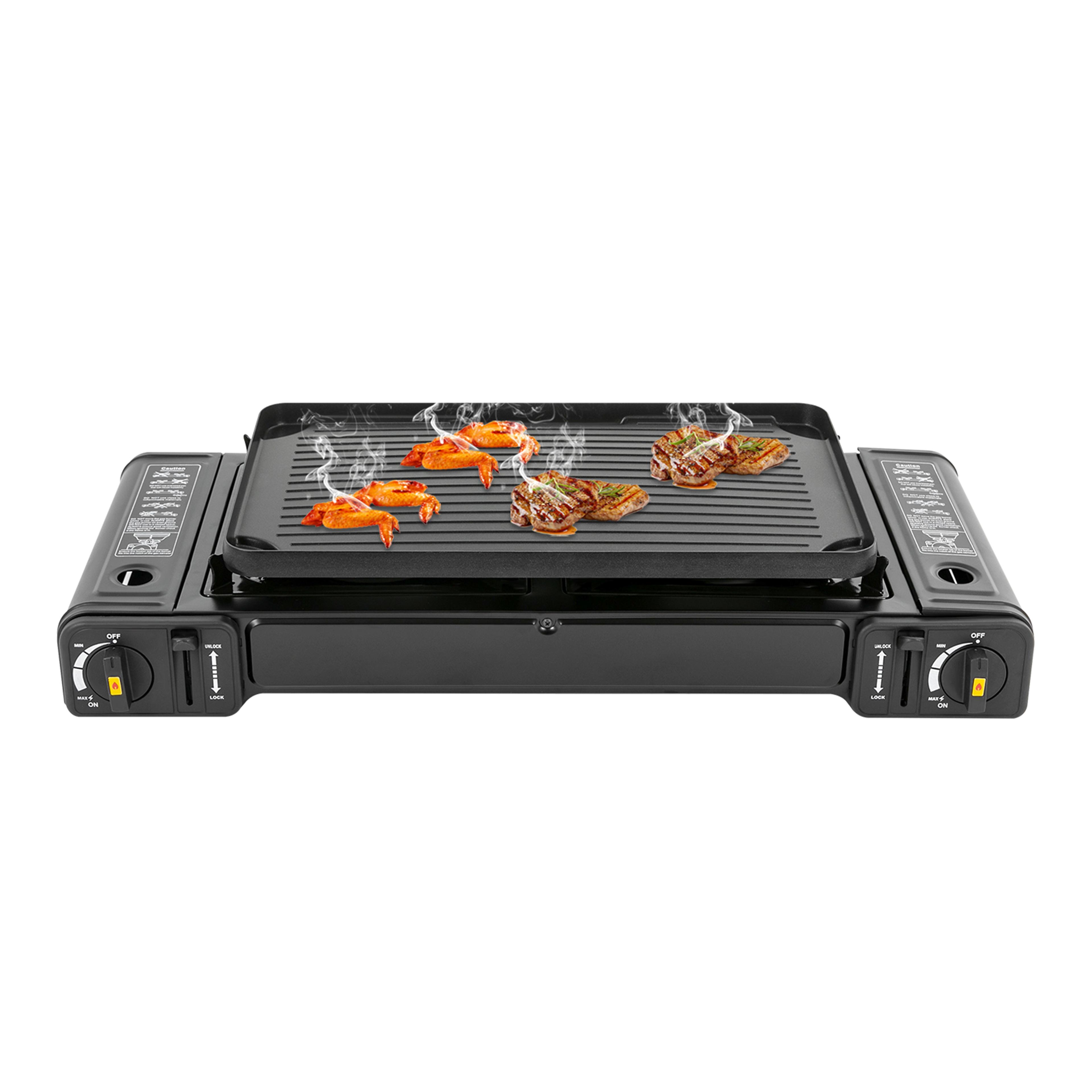 Double Head Barbecue Gas Stove With Baking Tray Ideal For Home And Outdoor Cooking 5