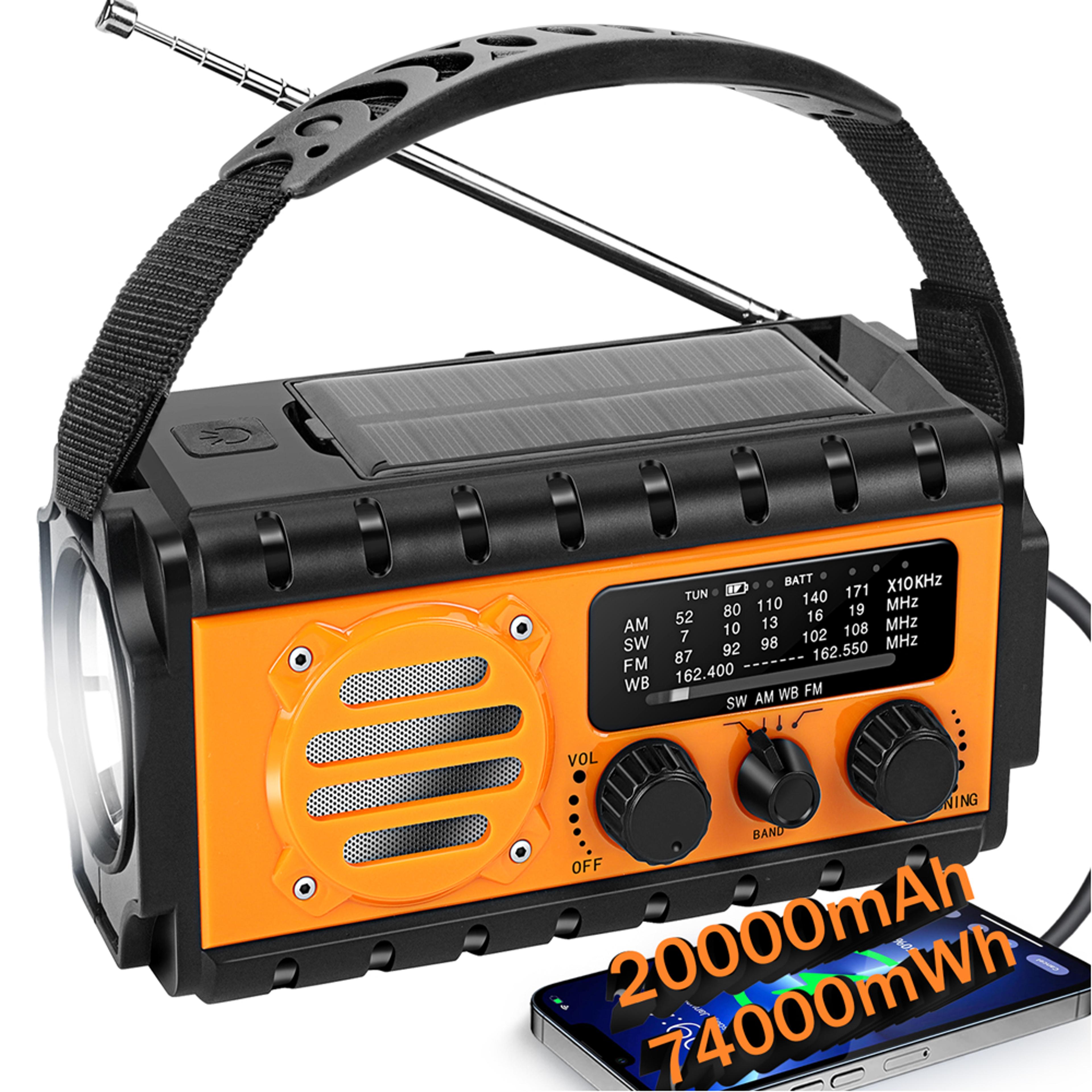 solar powered emergency weather radio with power bank, noaa alerts, hand crank & sos light