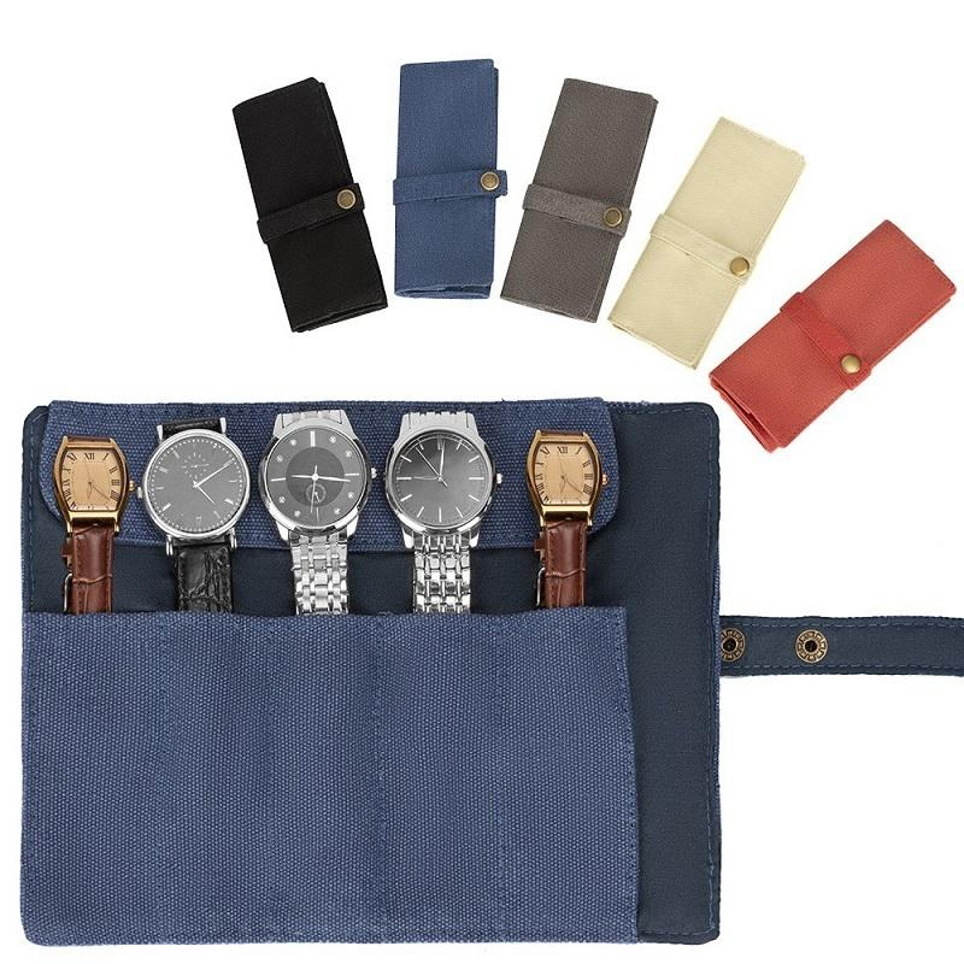 compact travel watch organizer roll, durable watch storage bag for 5 watches & straps