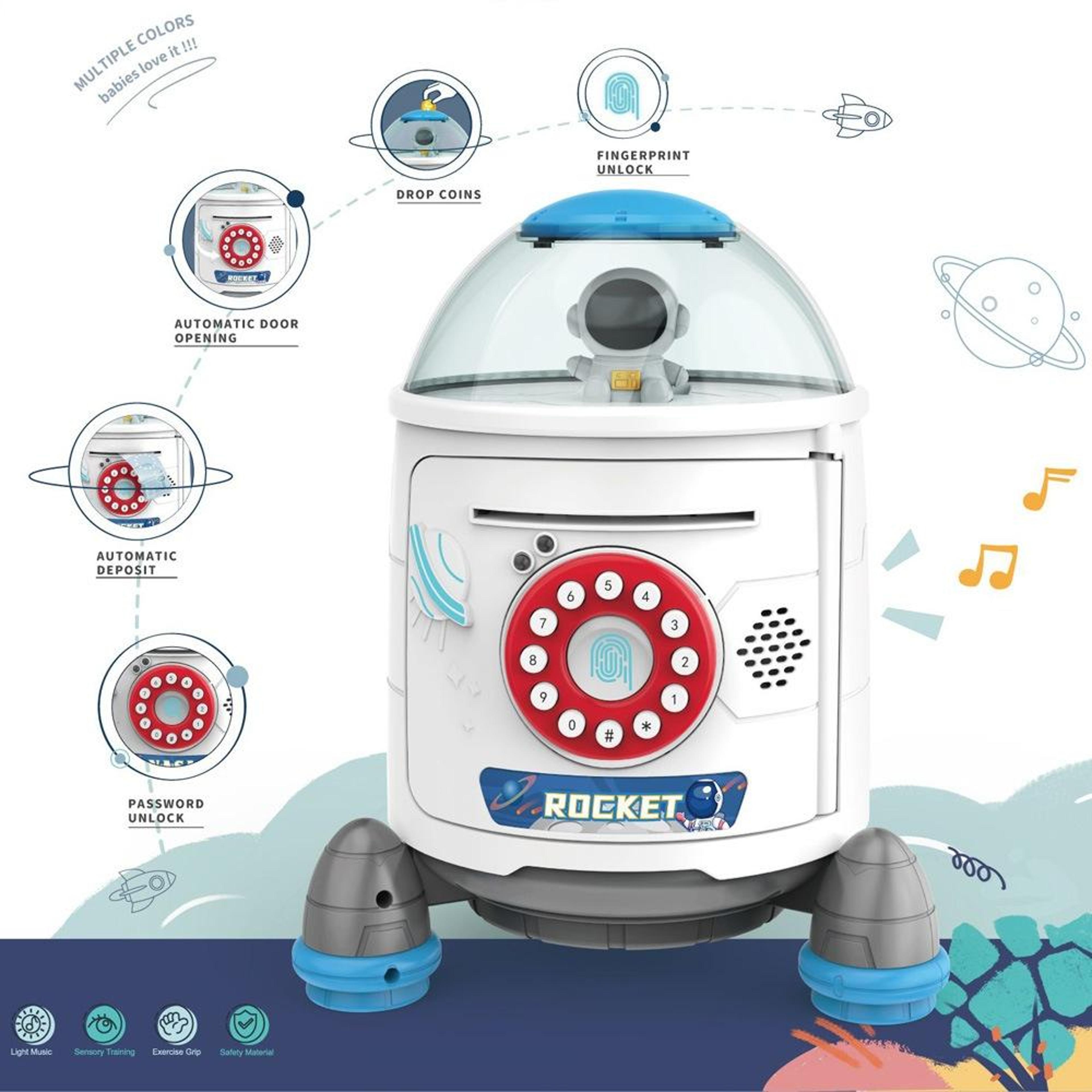 Kids Smart Rocket Piggy Bank Toy With Fingerprint Password Safe And Voice Interactive Saving Box 2