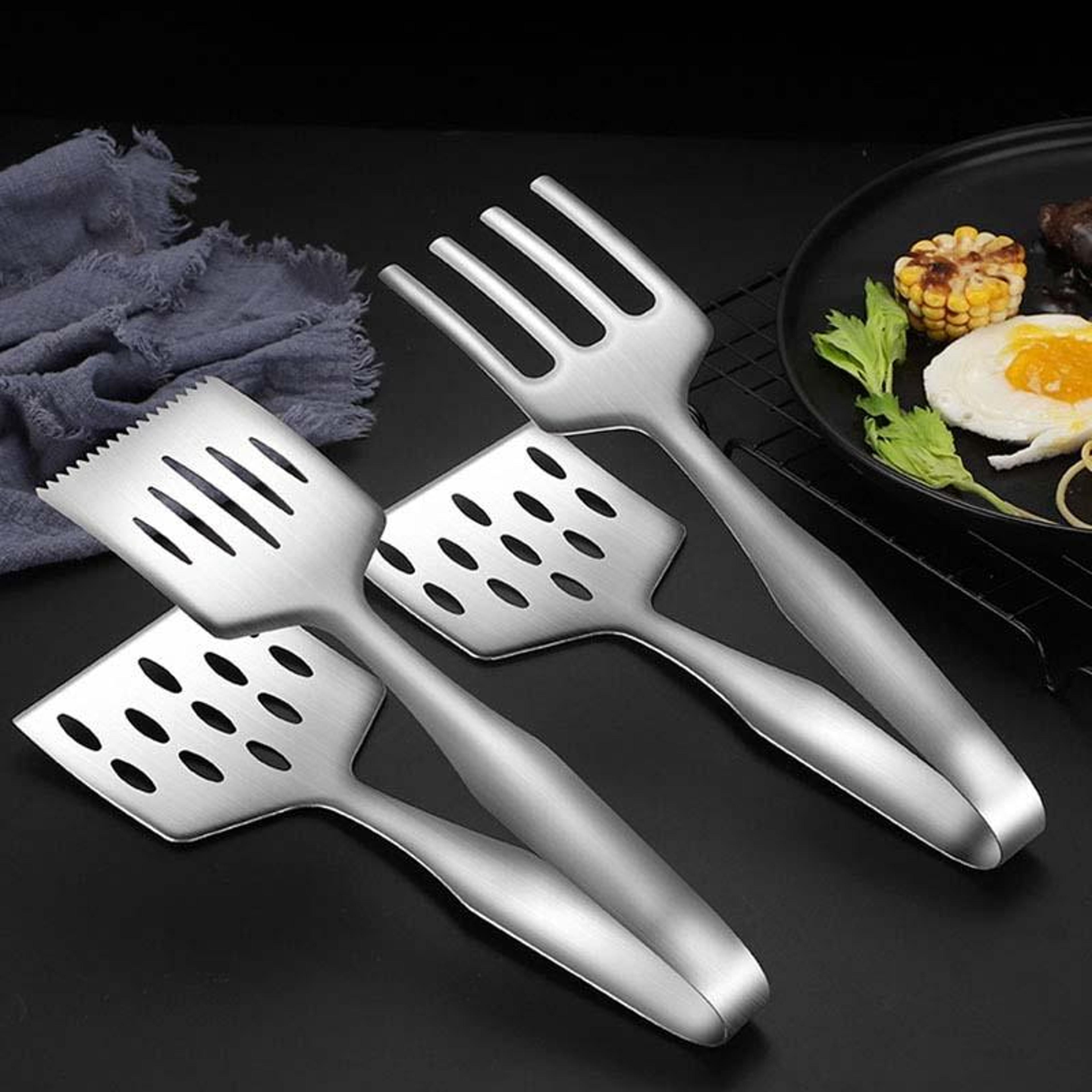 stainless steel grill spatula tongs 2-in-1 steak turner clip for kitchen & bbq