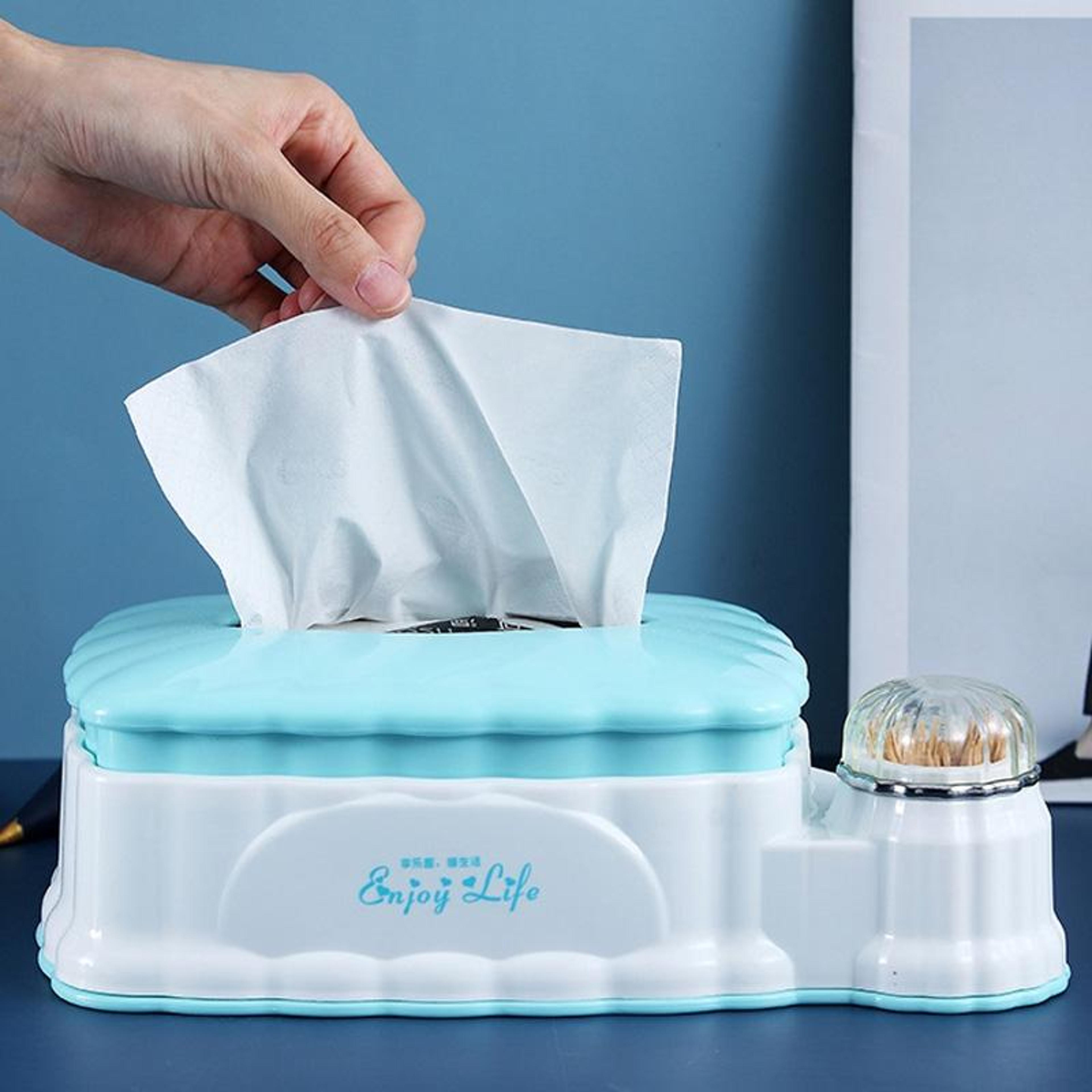 retractable tissue box organizer with drawer and toothpick holder for living room