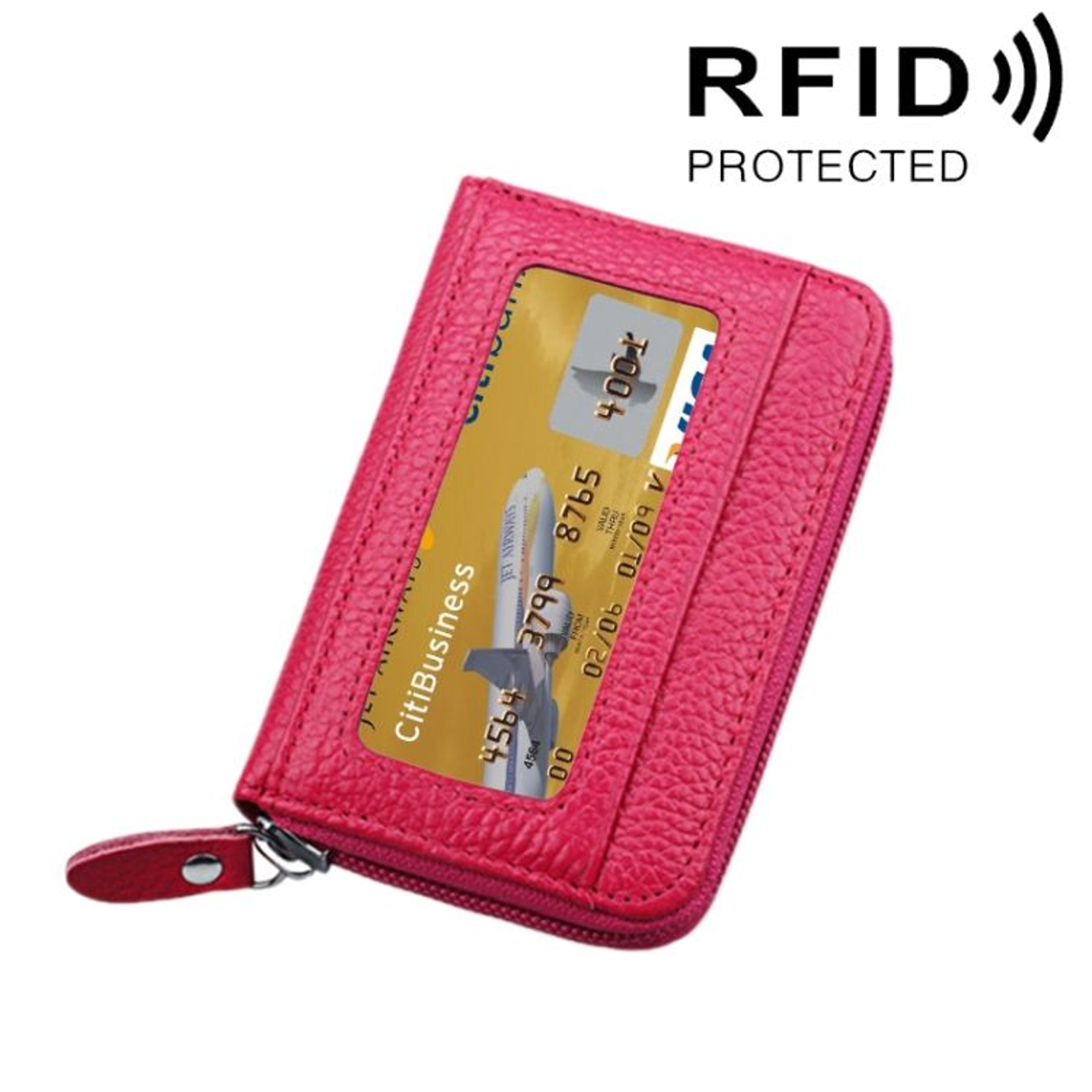 RFID Blocking Leather Card Holder Wallet Slim Zipper Cowhide Organizer With 12 Slots 12