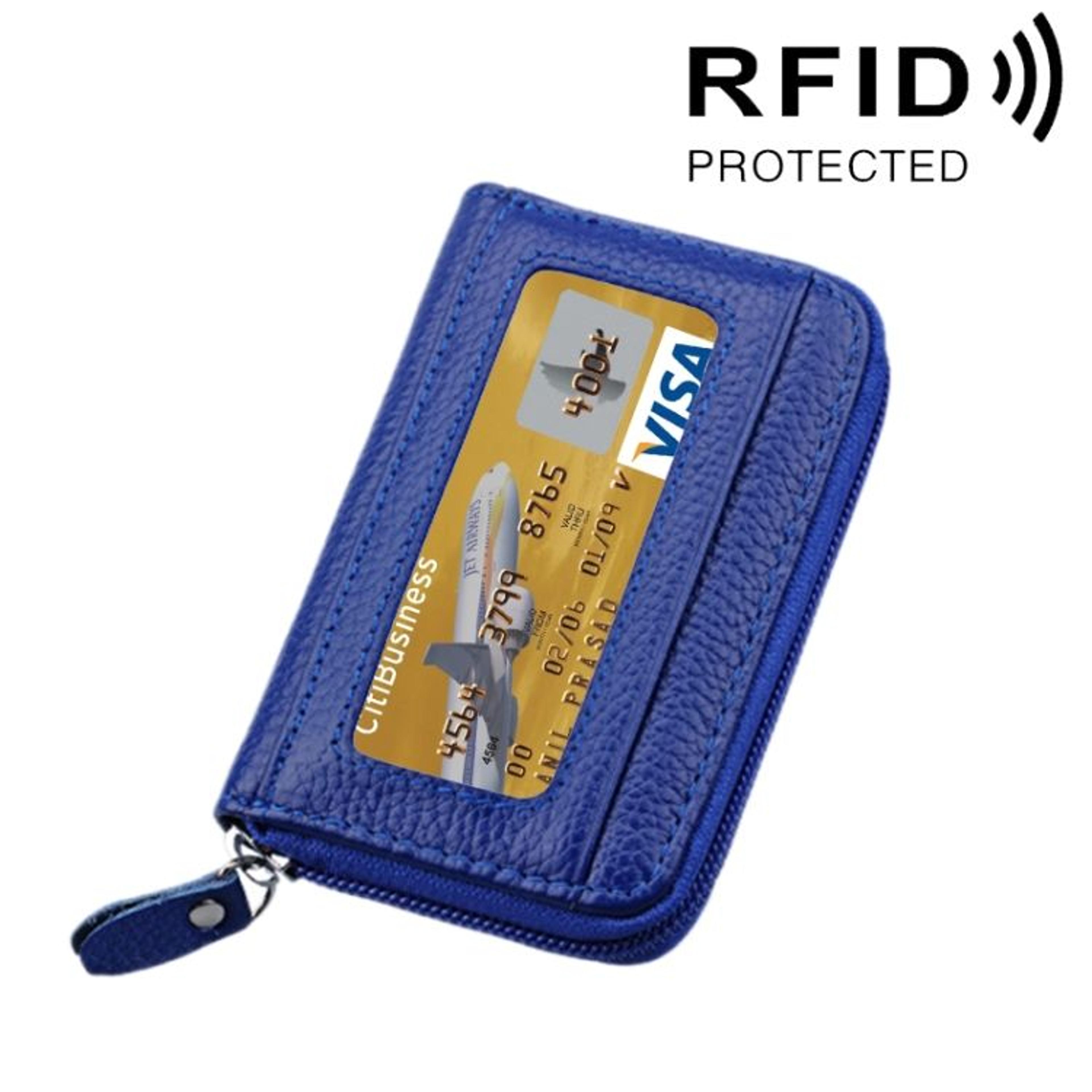 RFID Blocking Leather Card Holder Wallet Slim Zipper Cowhide Organizer With 12 Slots 14