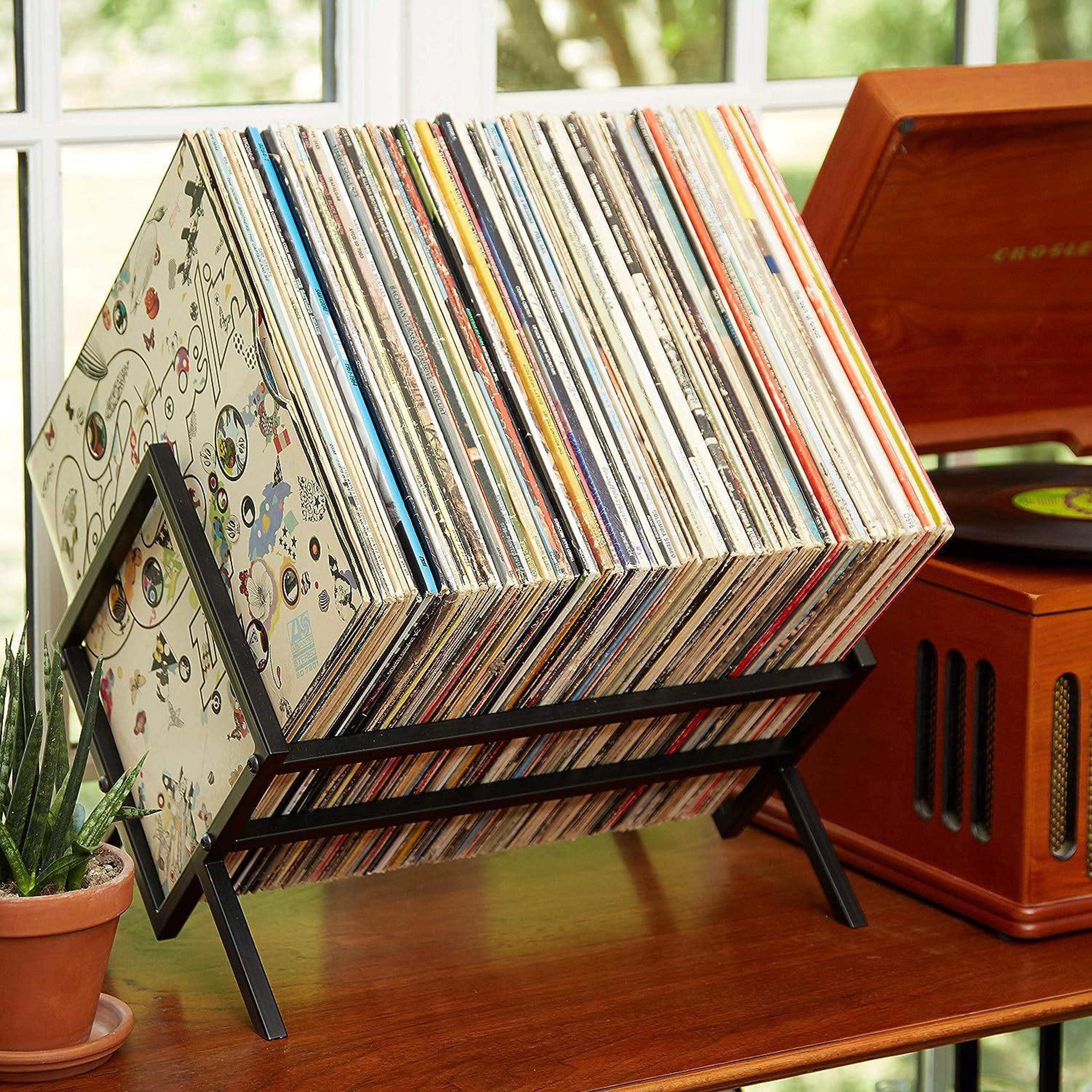 industrial vinyl record storage rack & metal book magazine organizer stand