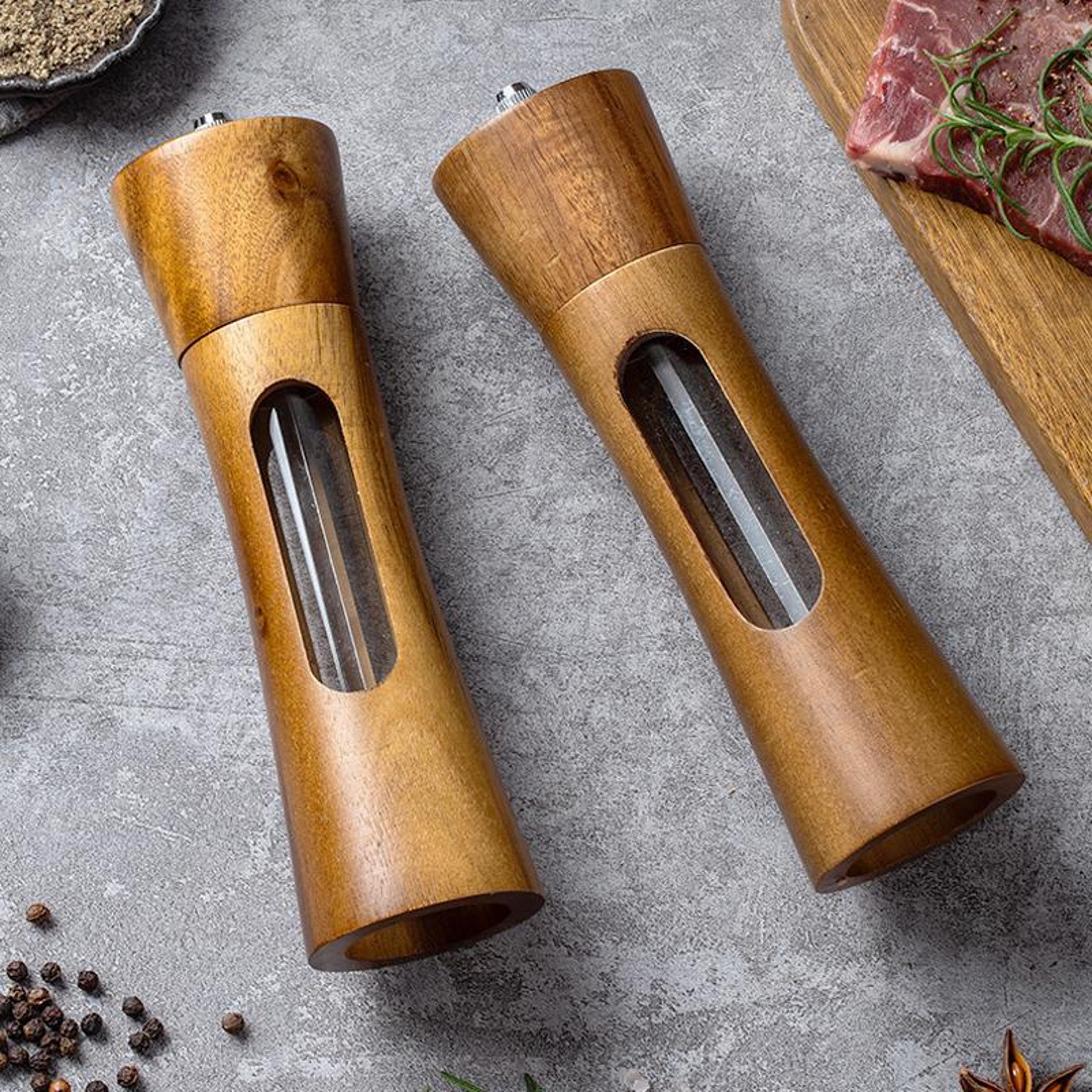 wooden pepper grinder with adjustable ceramic core and clear acrylic spice chamber