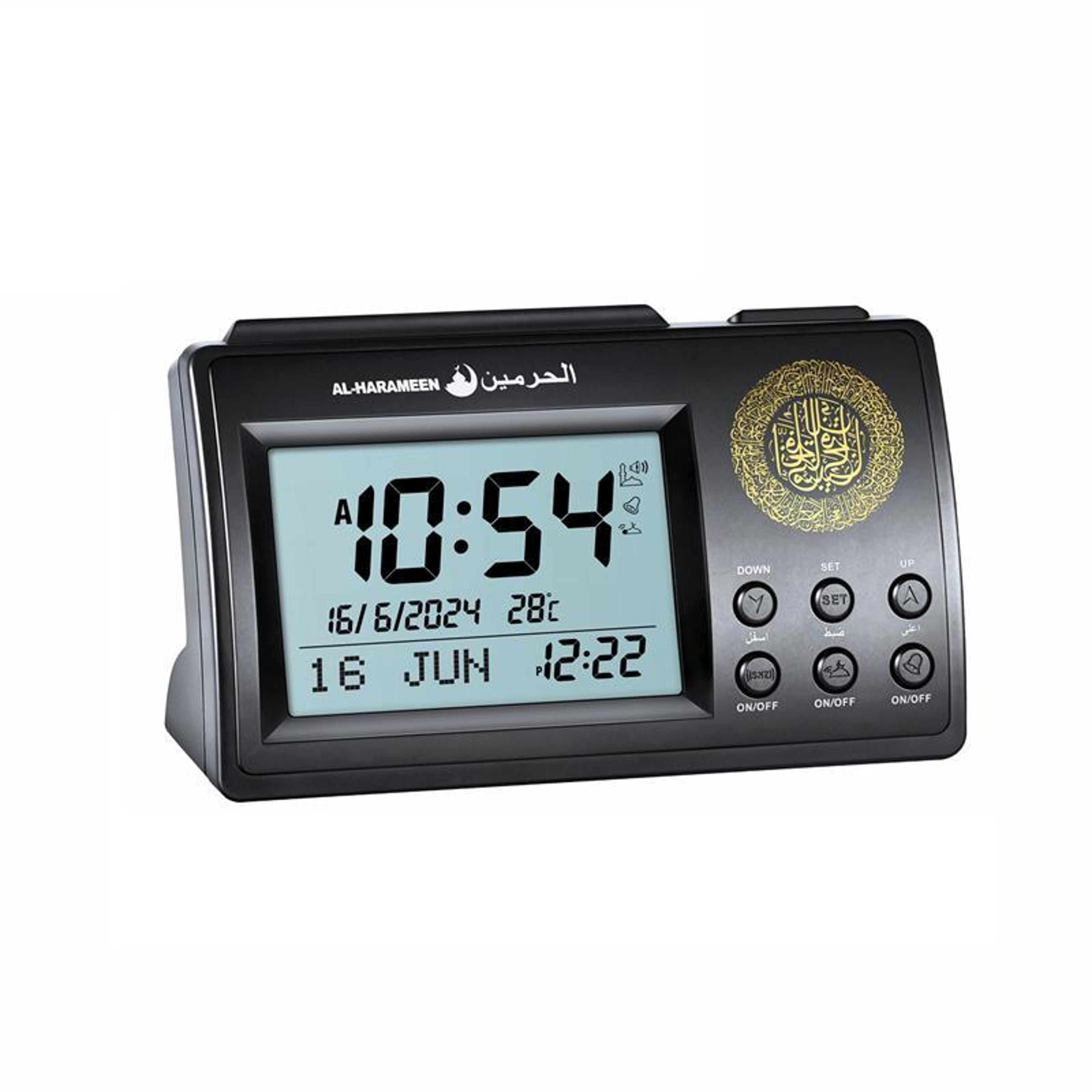 smart islamic azan alarm clock with hijri calendar & lcd prayer time display