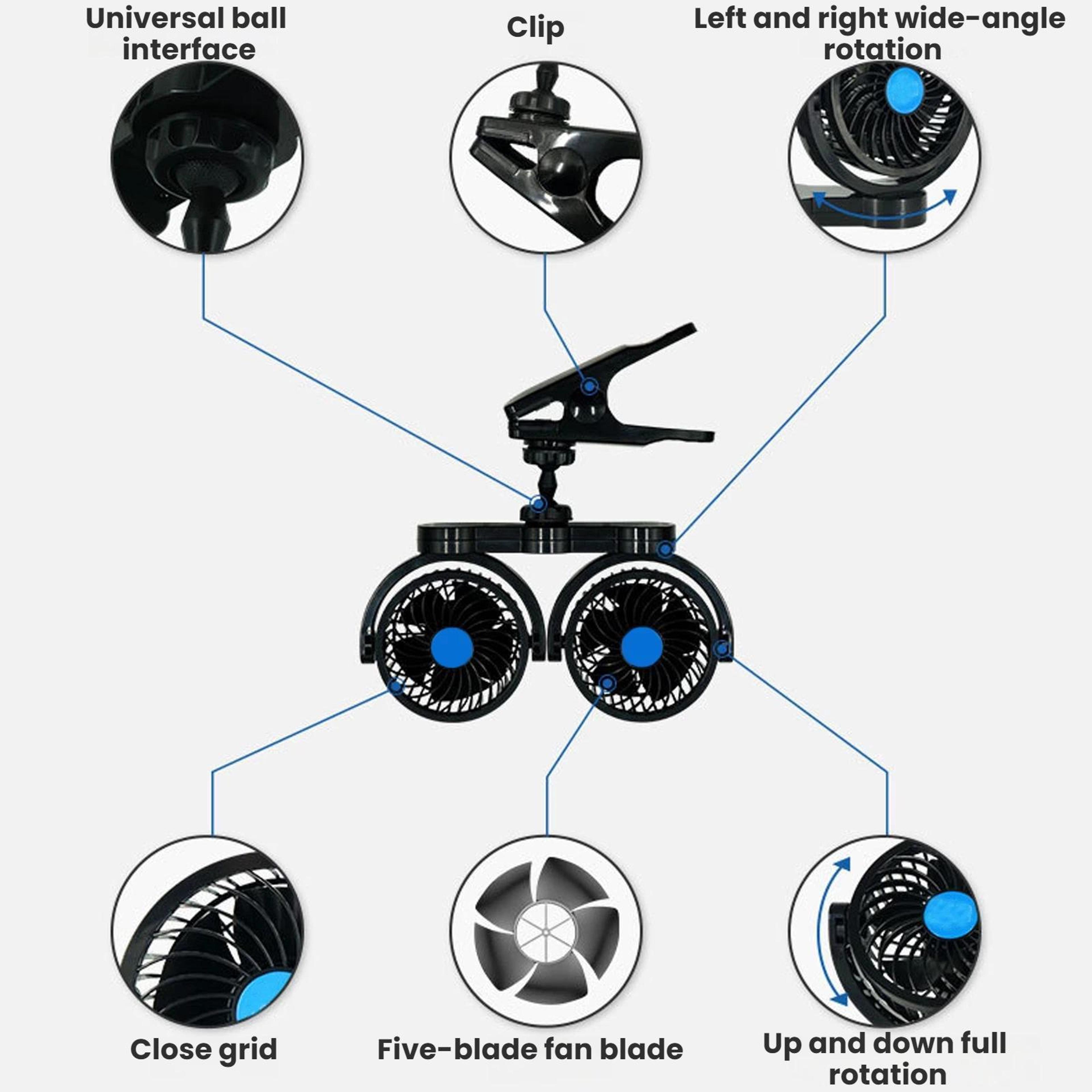 Portable Dual Head Car Fan Clip On Car Cooling Fan With Stepless Speed Control 2