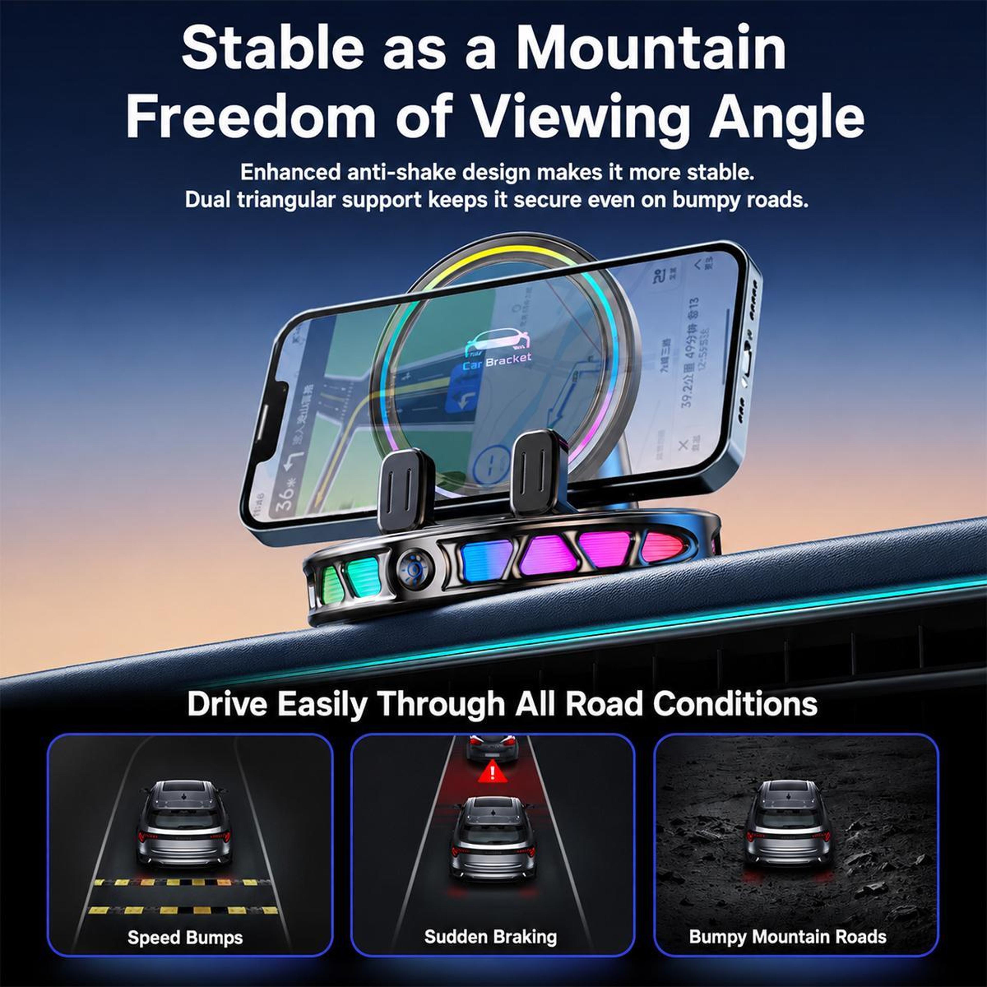 Auto Lock Wireless Car Charger Dashboard Phone Holder With 360 Rotation And RGB Light 11