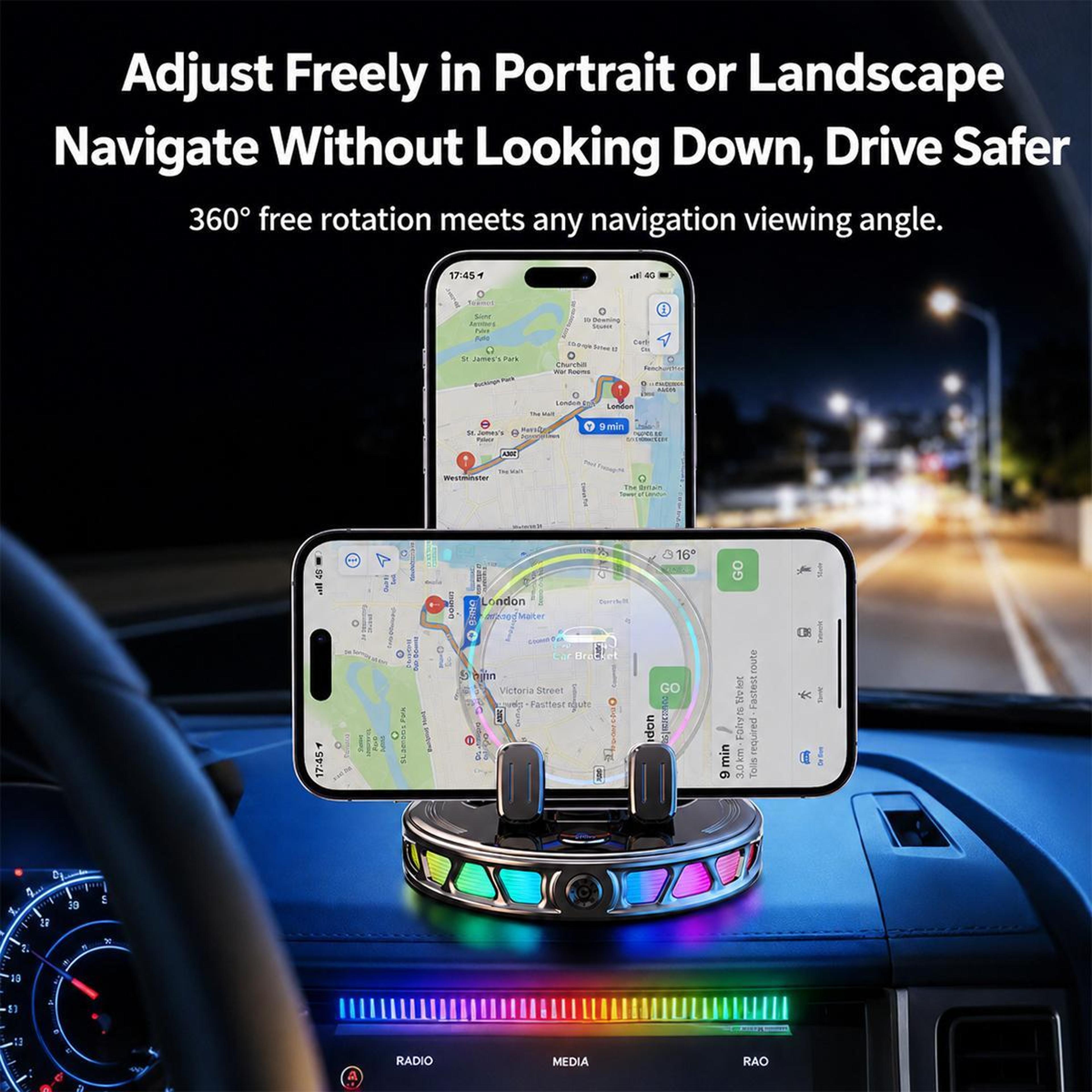 Auto Lock Wireless Car Charger Dashboard Phone Holder With 360 Rotation And RGB Light 7