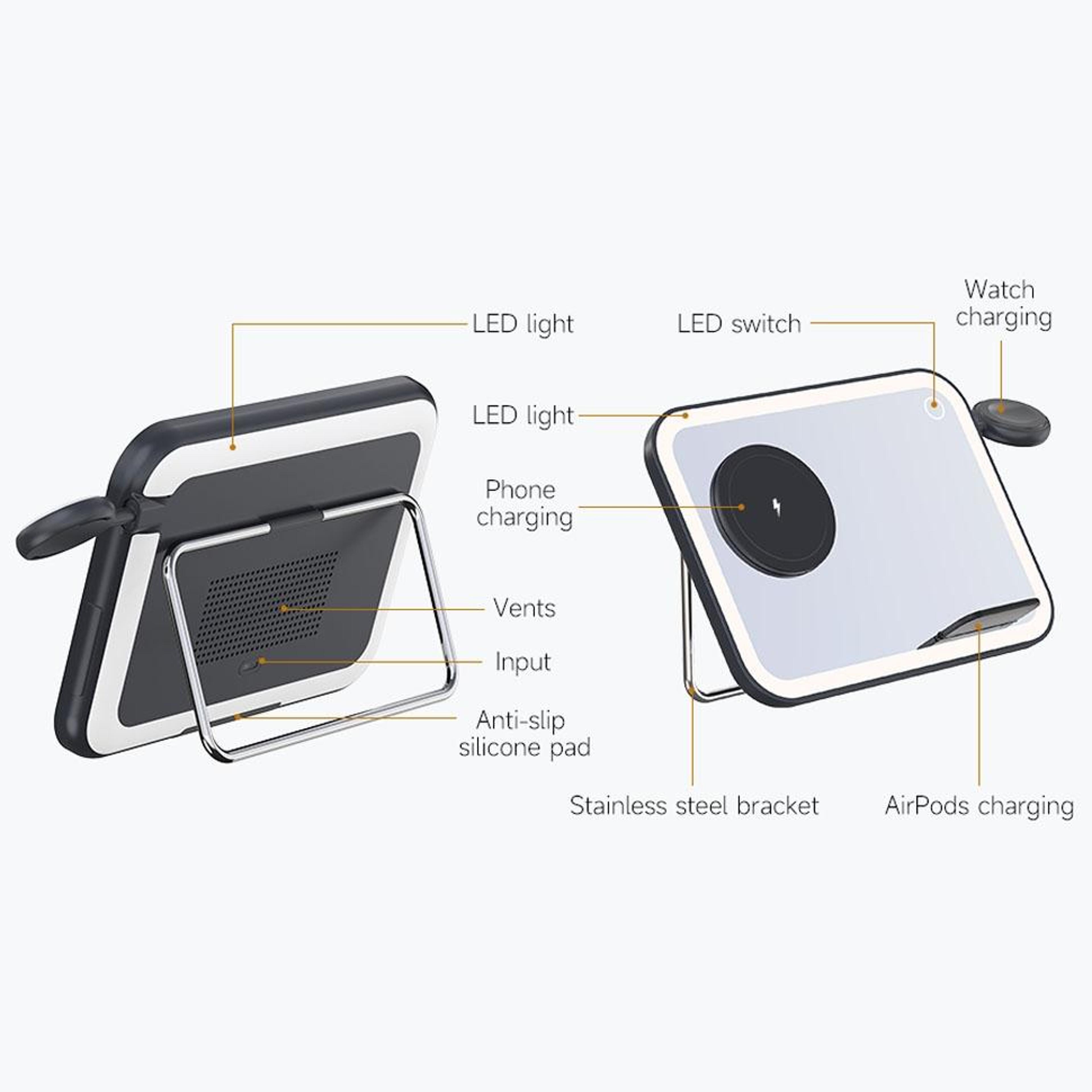 3 In 1 MagSafe Charger Foldable Wireless Charging Station With LED Makeup Mirror And Night Light 2
