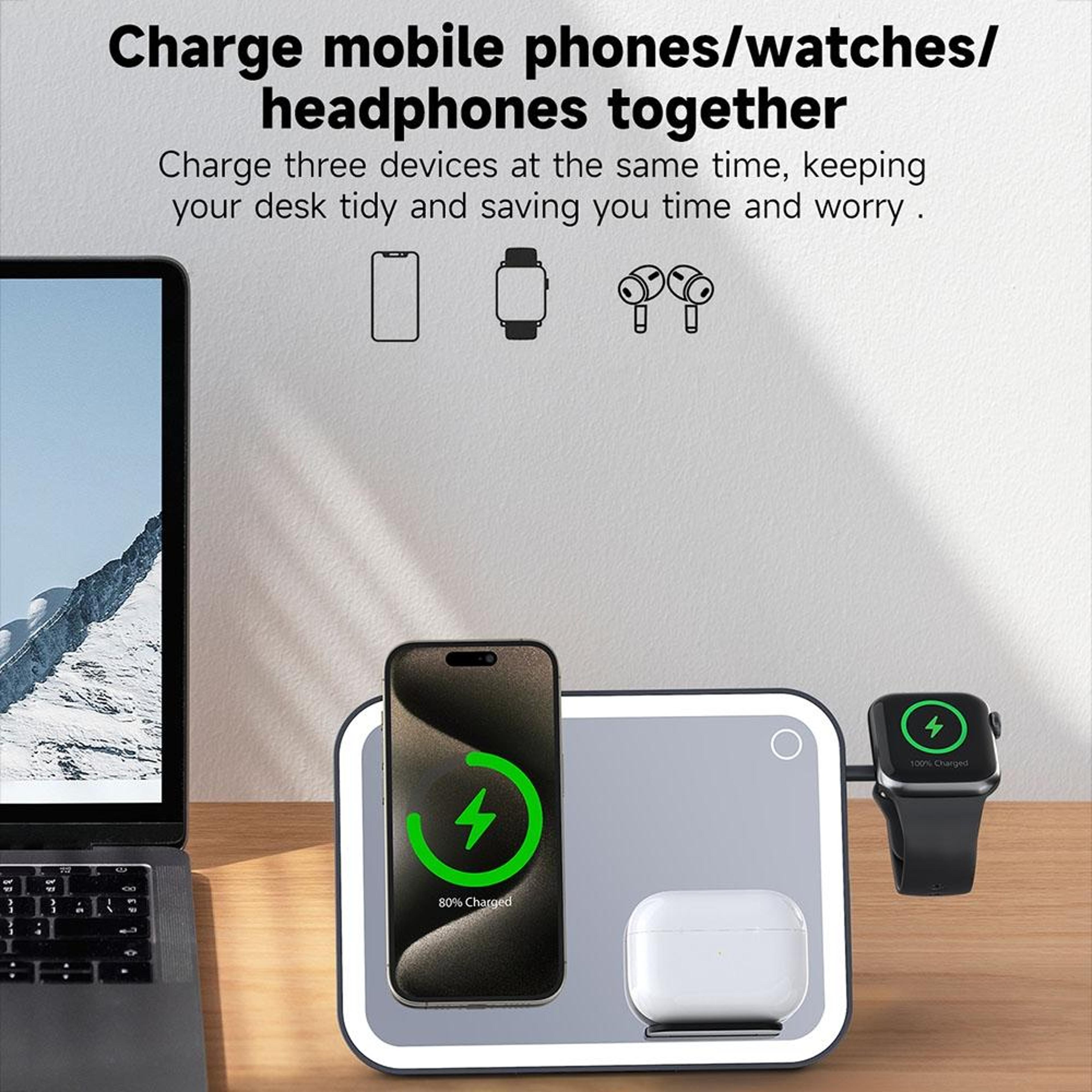 3 In 1 MagSafe Charger Foldable Wireless Charging Station With LED Makeup Mirror And Night Light 3