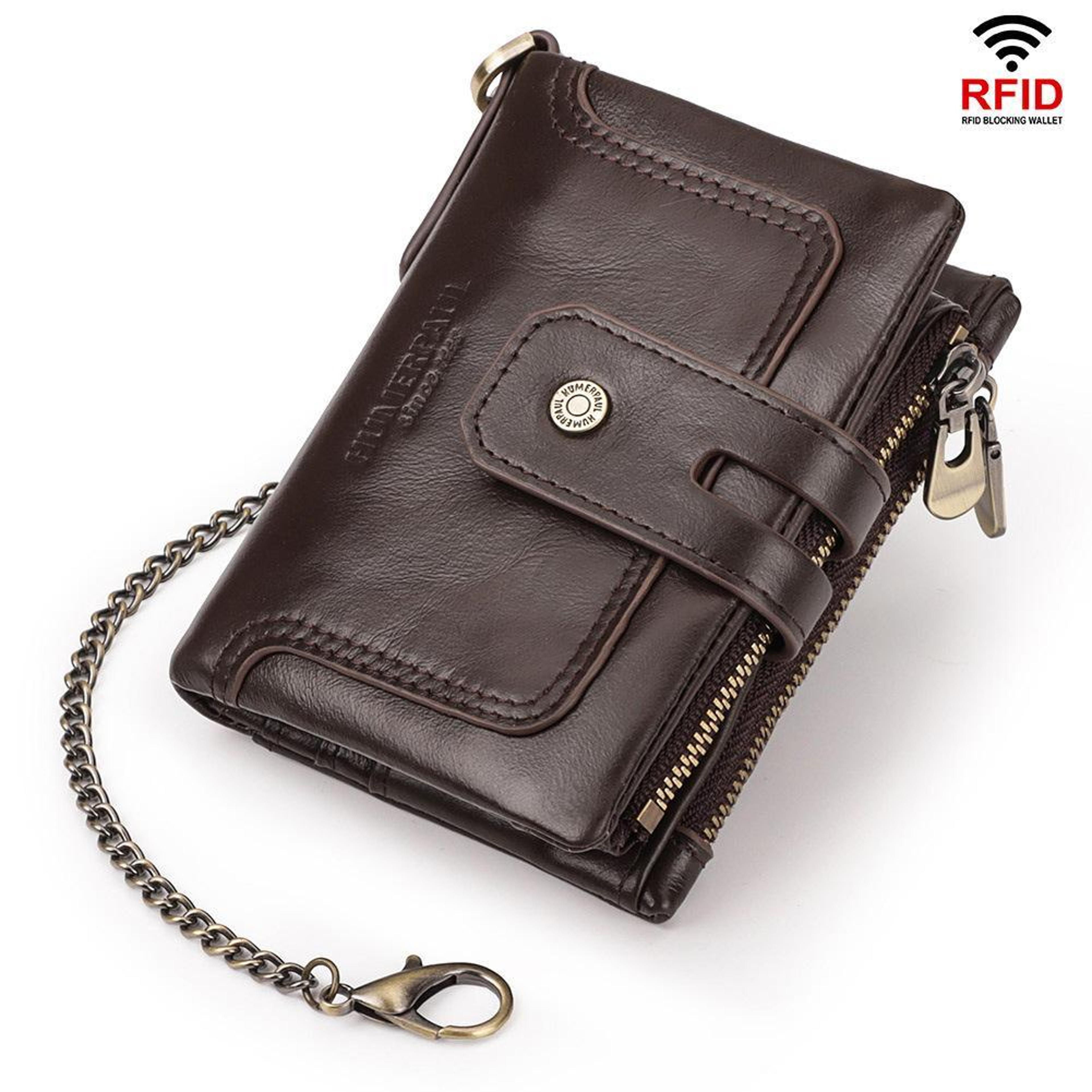 RFID Trifold Leather Wallet With Double Zipper Coin Purse Large Capacity Card Holder 8