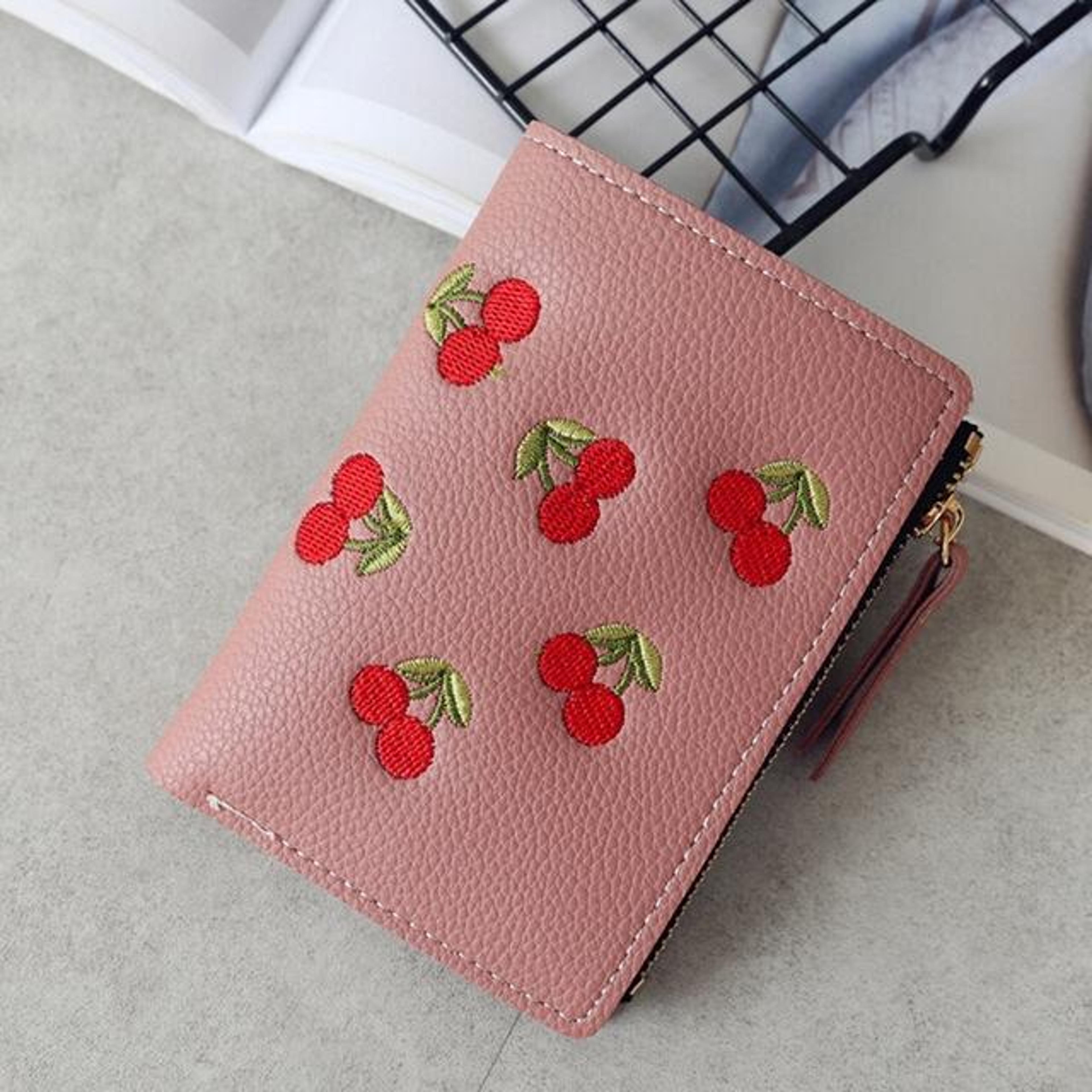 Cute Cherry Embroidered PU Leather Wallet Mini Card Holder Wallet With Zipper Coin Purse 8