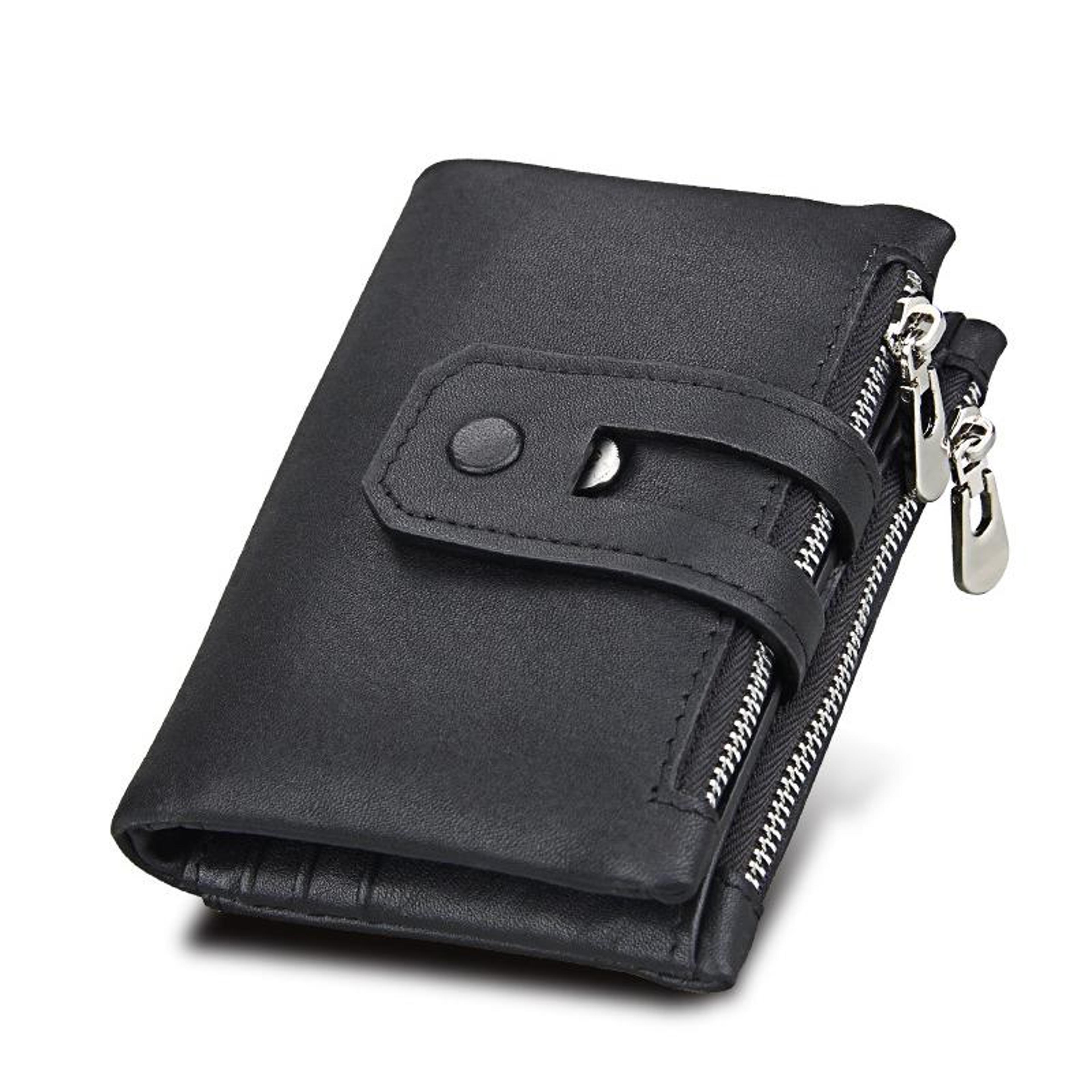 Crazy Horse Leather RFID Wallet For Men Tri Fold Card Holder With Zipper Coin Pocket 1