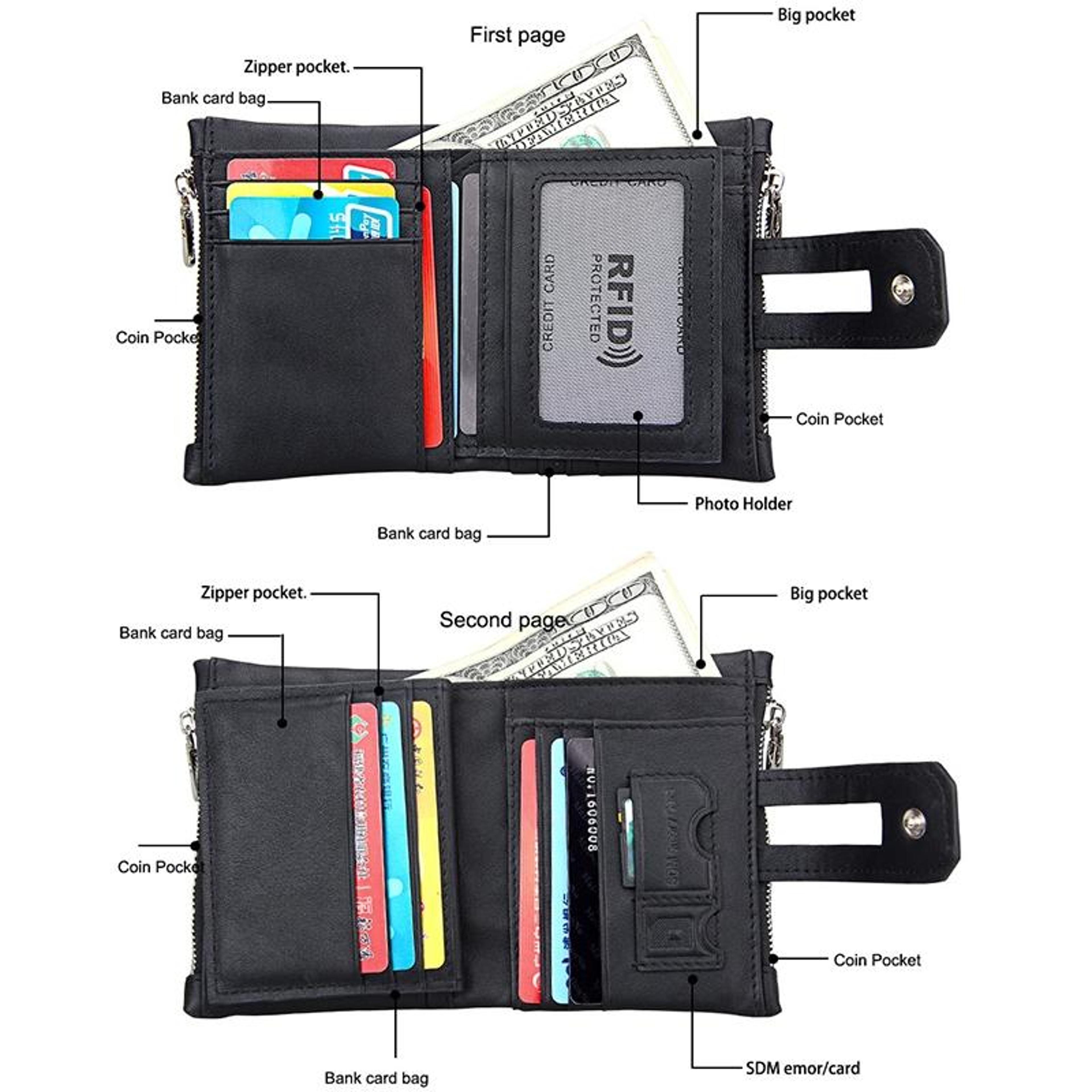 Crazy Horse Leather RFID Wallet For Men Tri Fold Card Holder With Zipper Coin Pocket 2