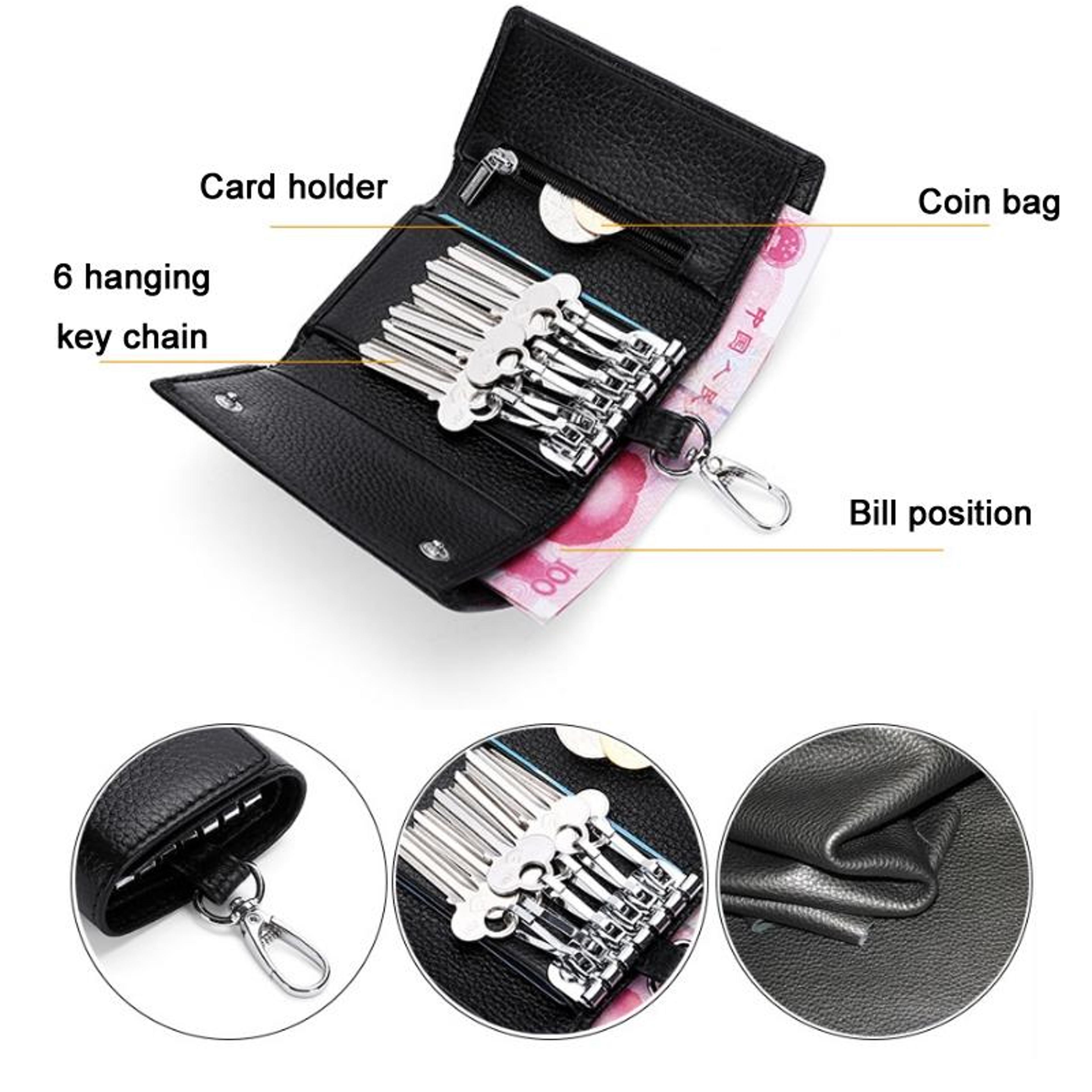 Genuine Leather Key Wallet Tri Fold Key Coin Purse With Card Holder And Keychain 3