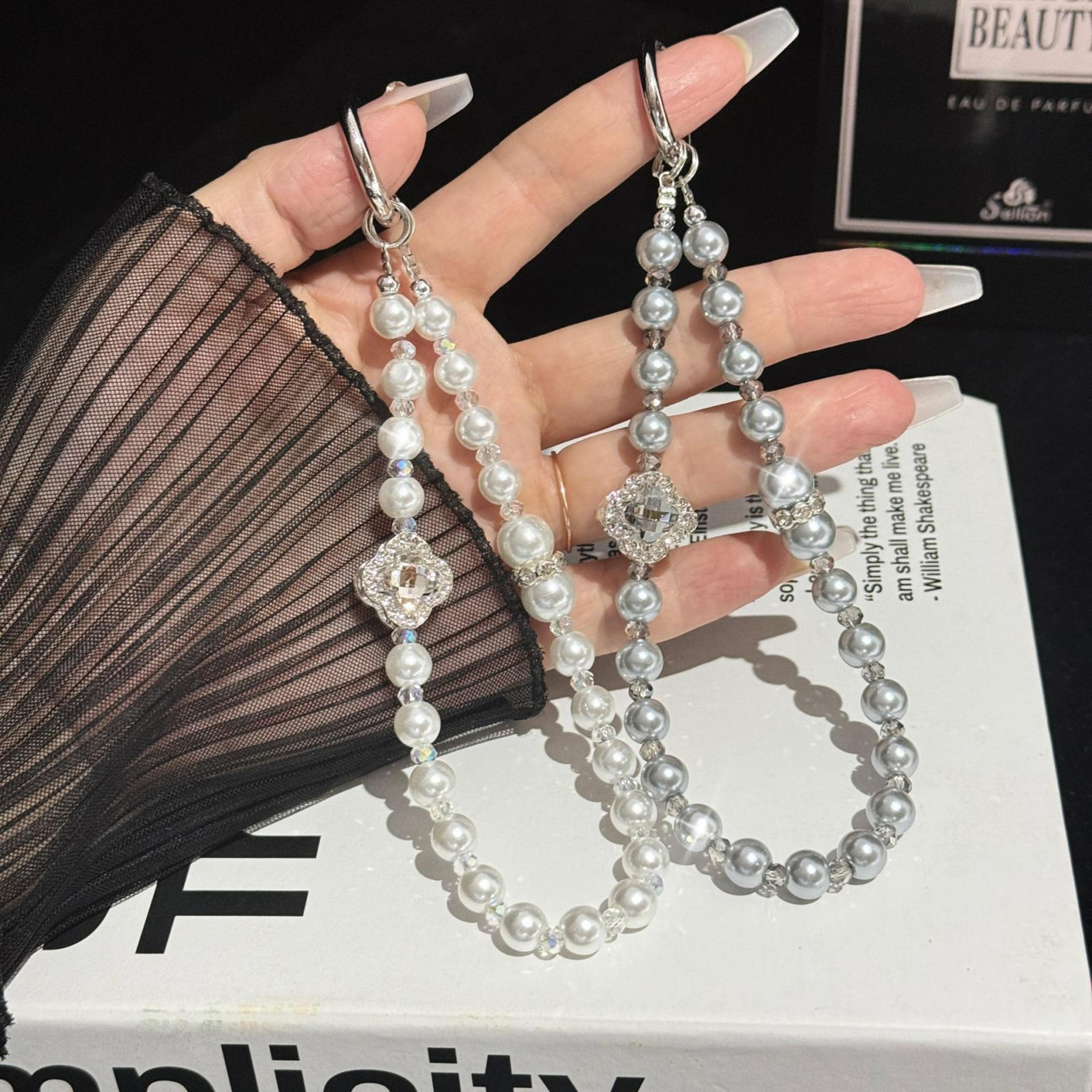 Rhinestone Flower Pearl Phone Lanyard AntiLost Crystal Beaded Phone Chain 1