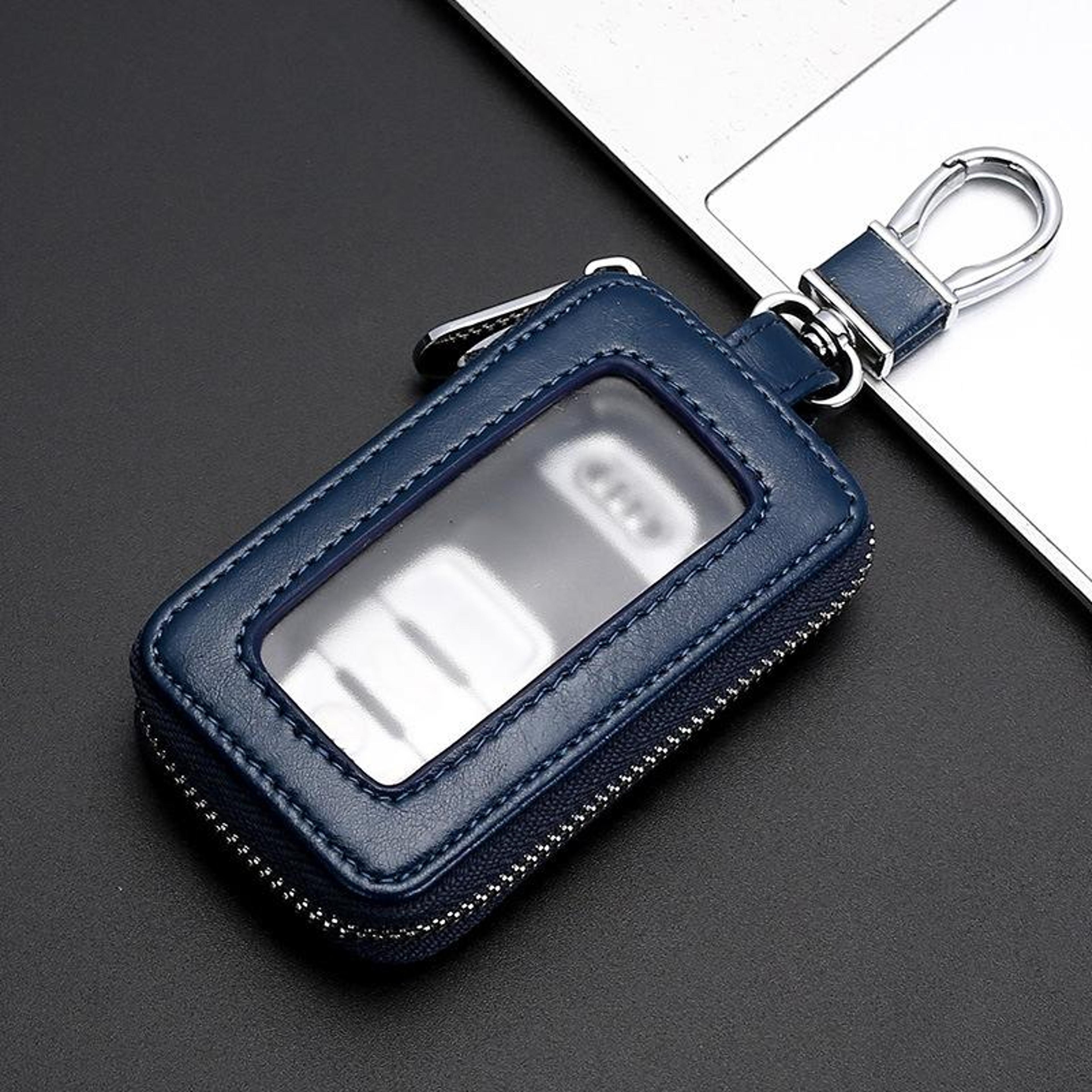 universal leather car key case with visible window & zipper key fob holder