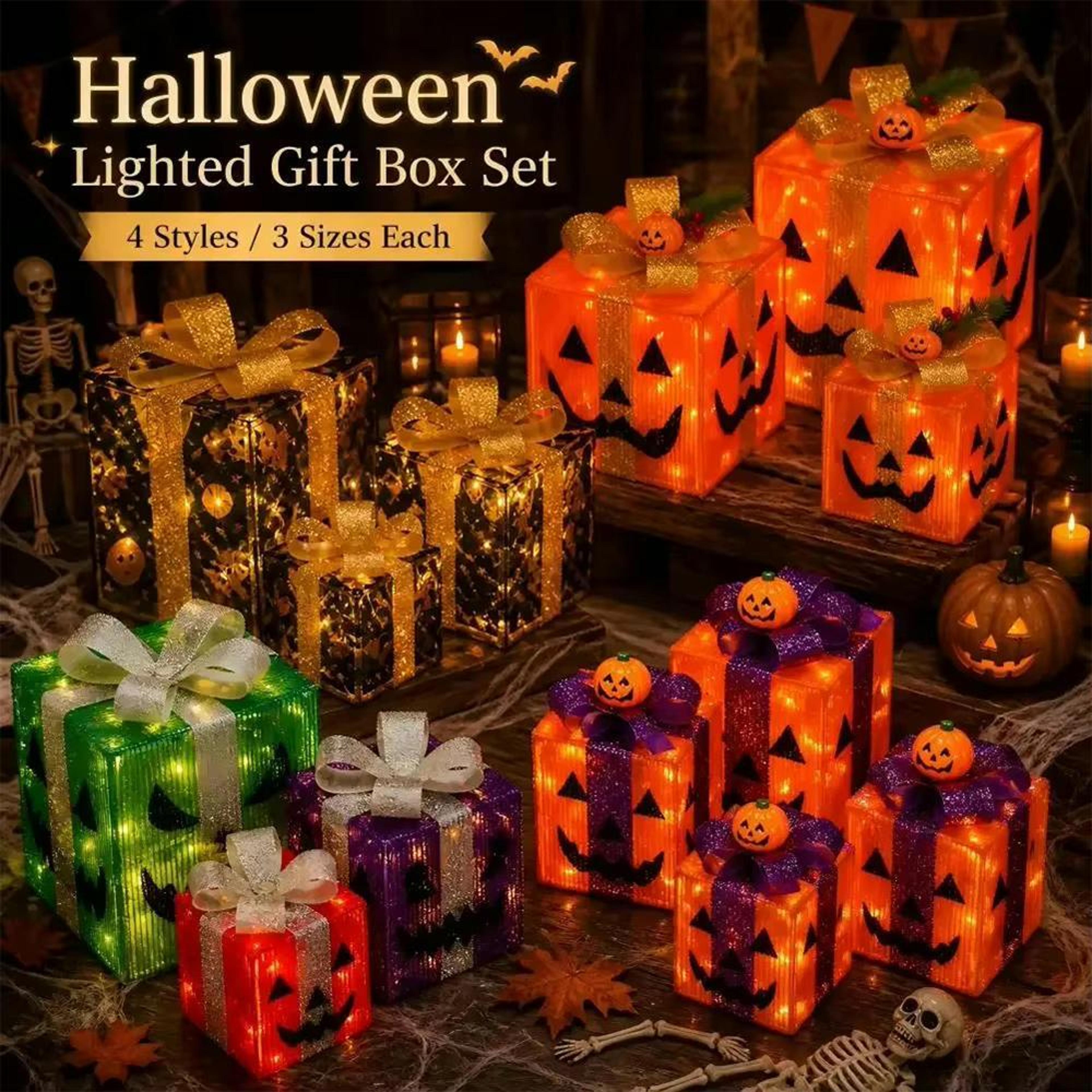 3PCS Halloween LightUp Gift Box Set With Pumpkin Design 1