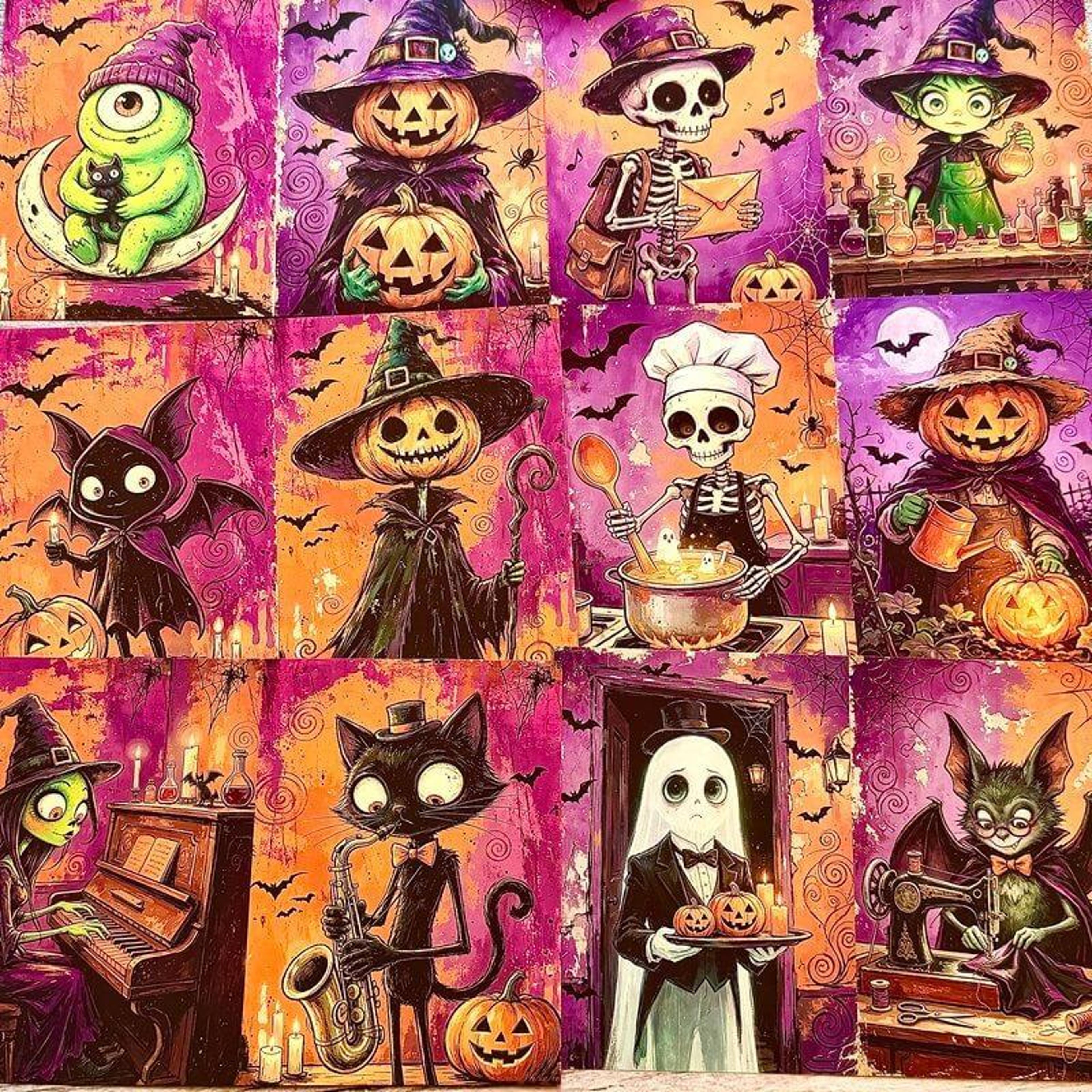 Gothic Halloween Wall Decor Paper With Spooky Cartoon Characters 6