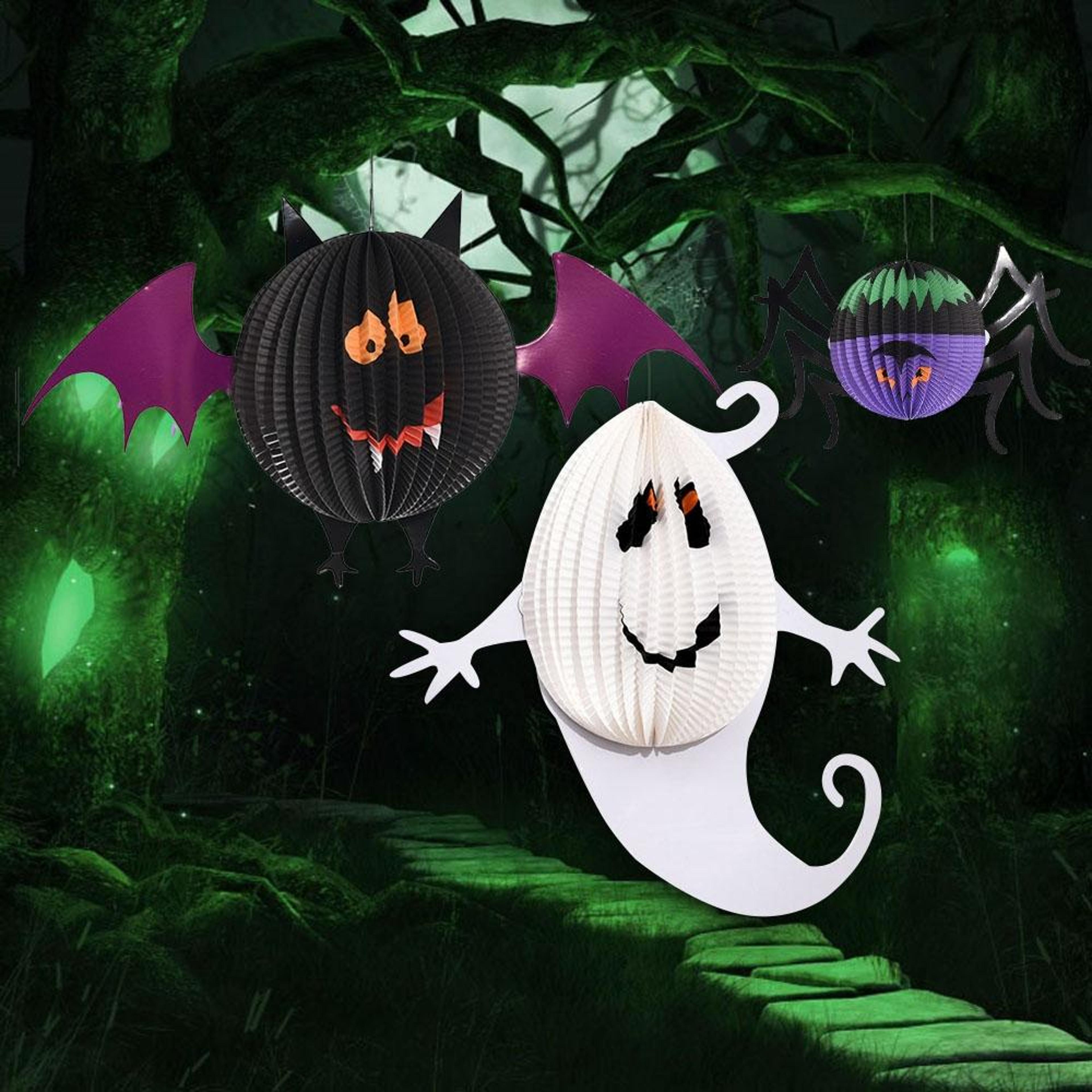 3 pcs halloween hanging paper decorations with ghost bat and spider designs