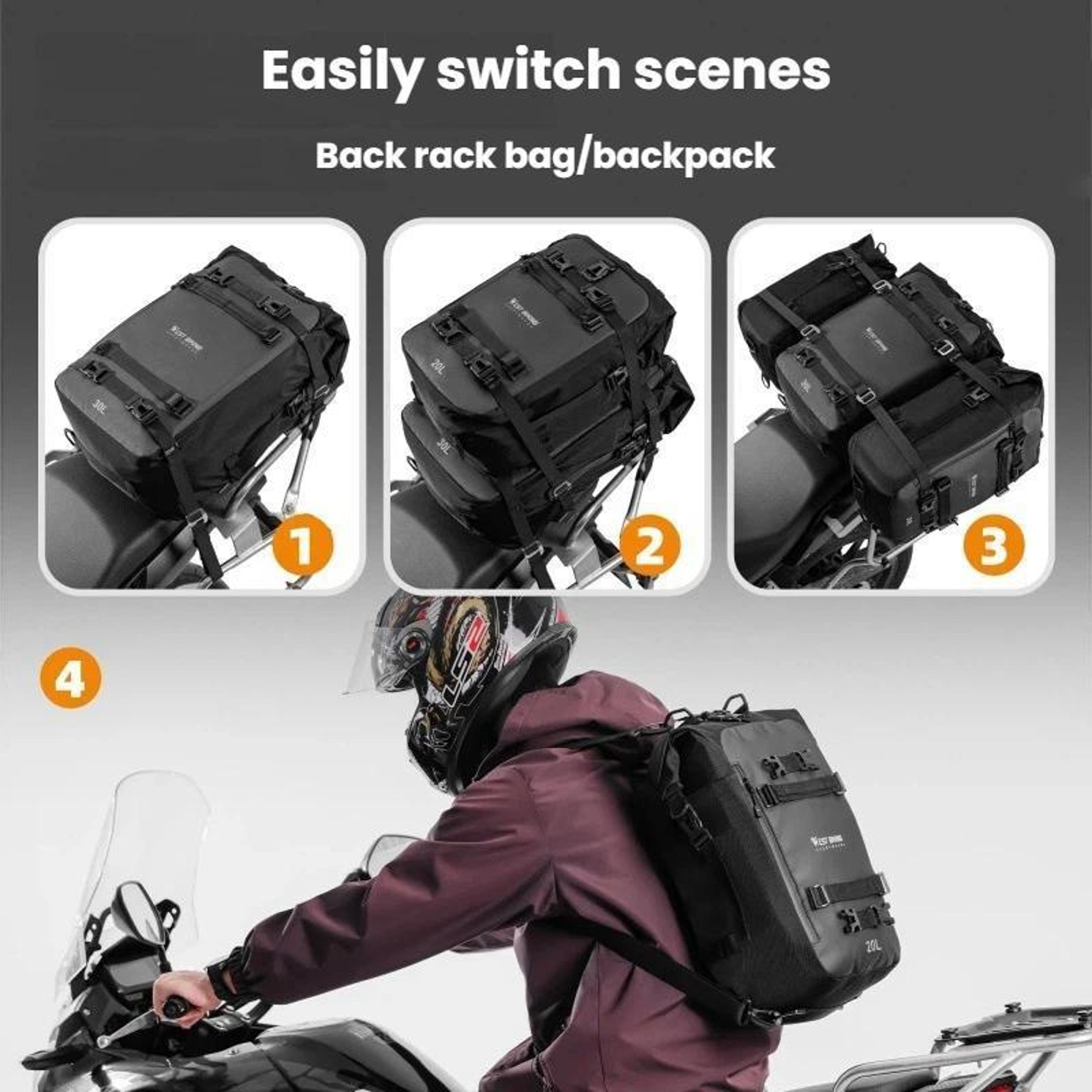 Motorcycle Rear Seat Bag With Modular Storage And Removable Shoulder Straps 1