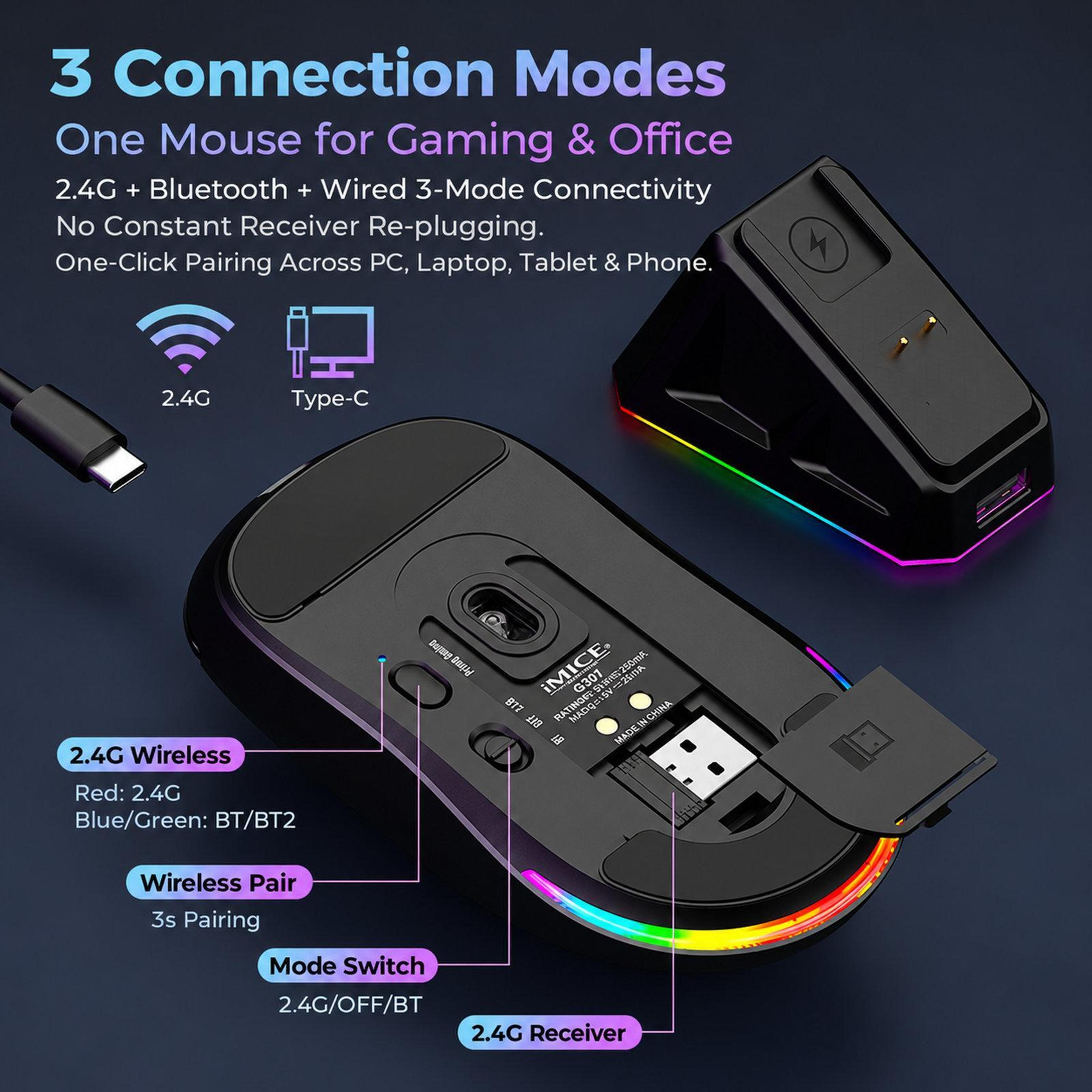 G207 TriMode Wireless Gaming Mouse With Magnetic Charging Dock And RGB Lighting 3