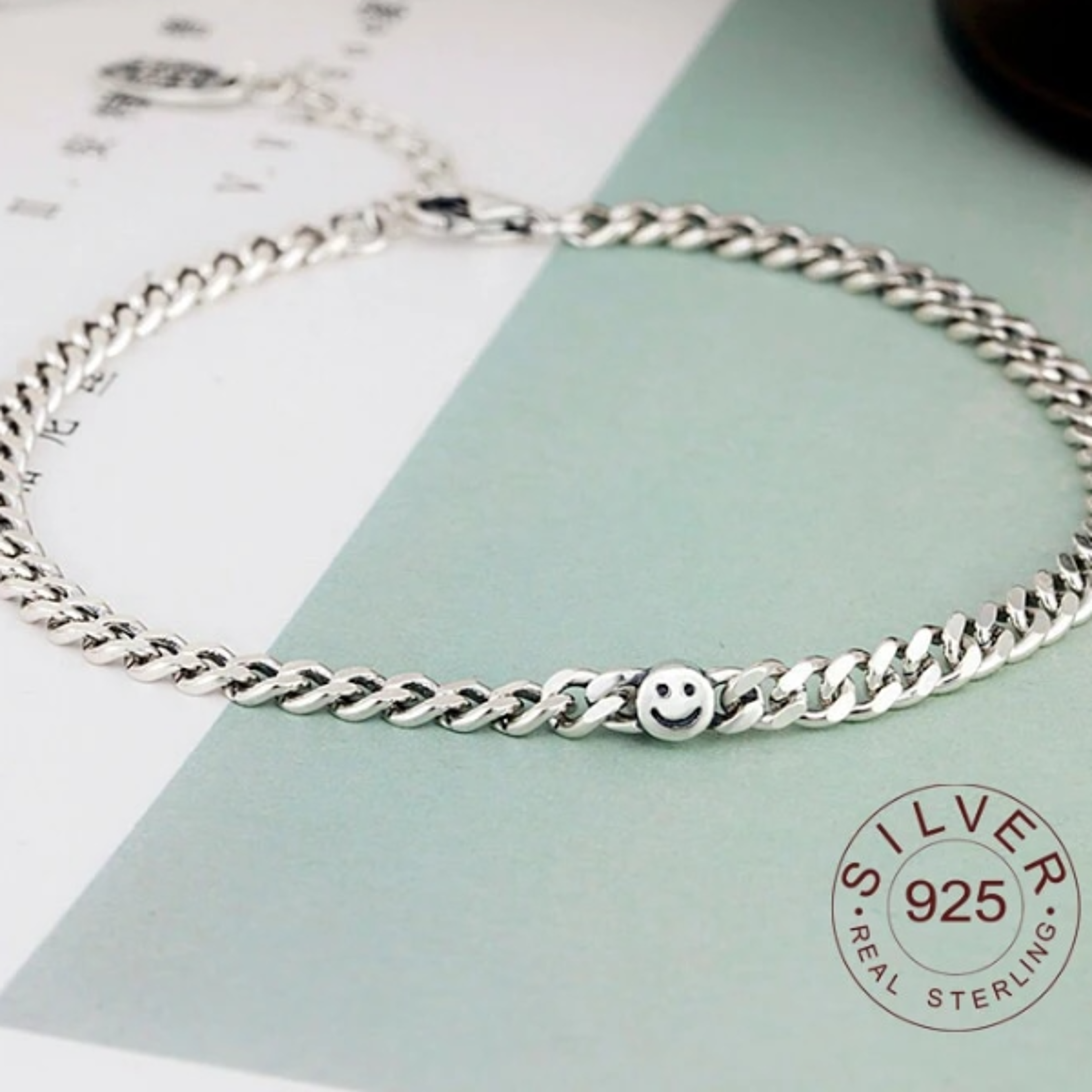 handmade sterling silver 925 bracelet with large smile face pendant - elegant ladies' party gift and fashion jewelry