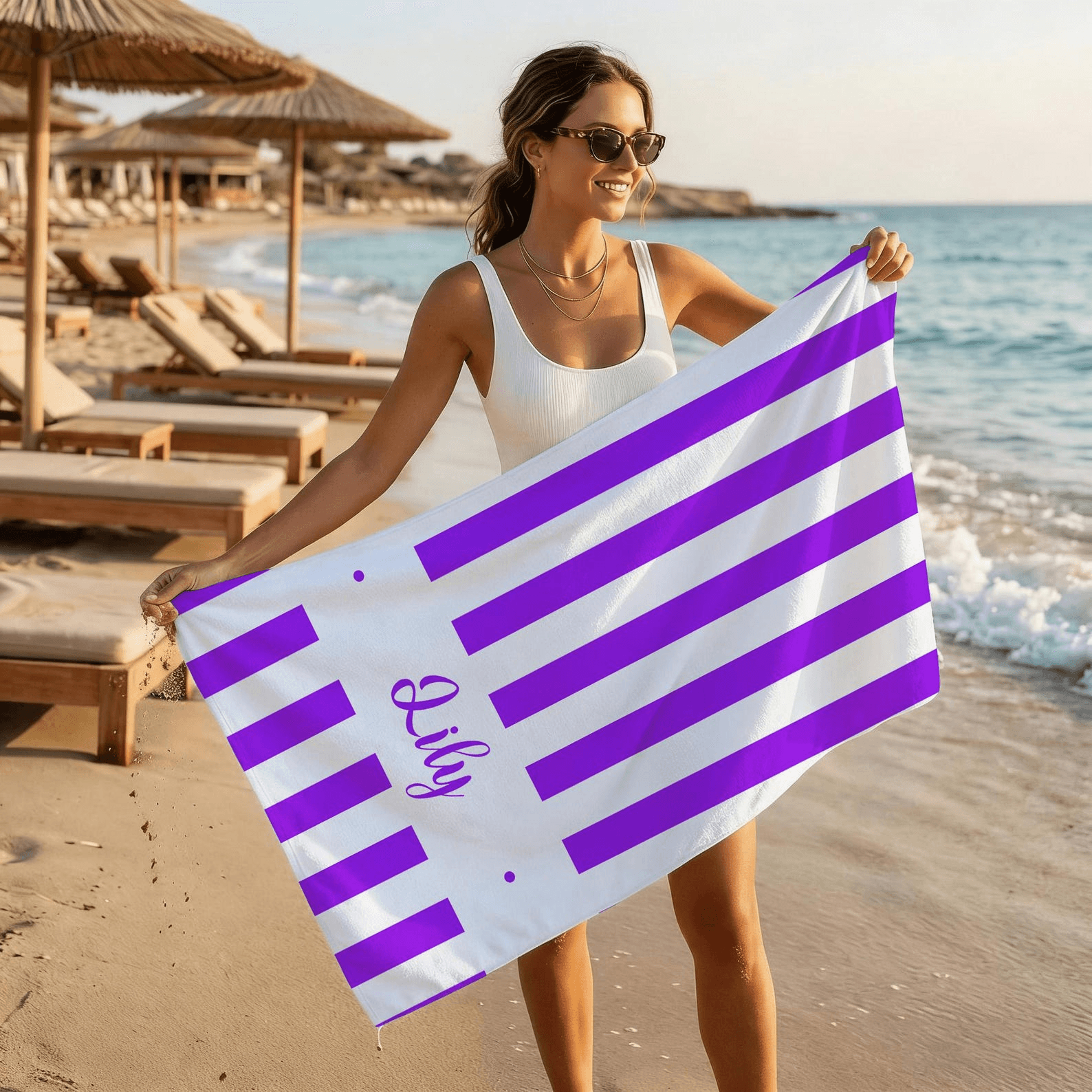 Custom Pink White Striped Beach Towel Personalized Quick Dry Beach Gift 2