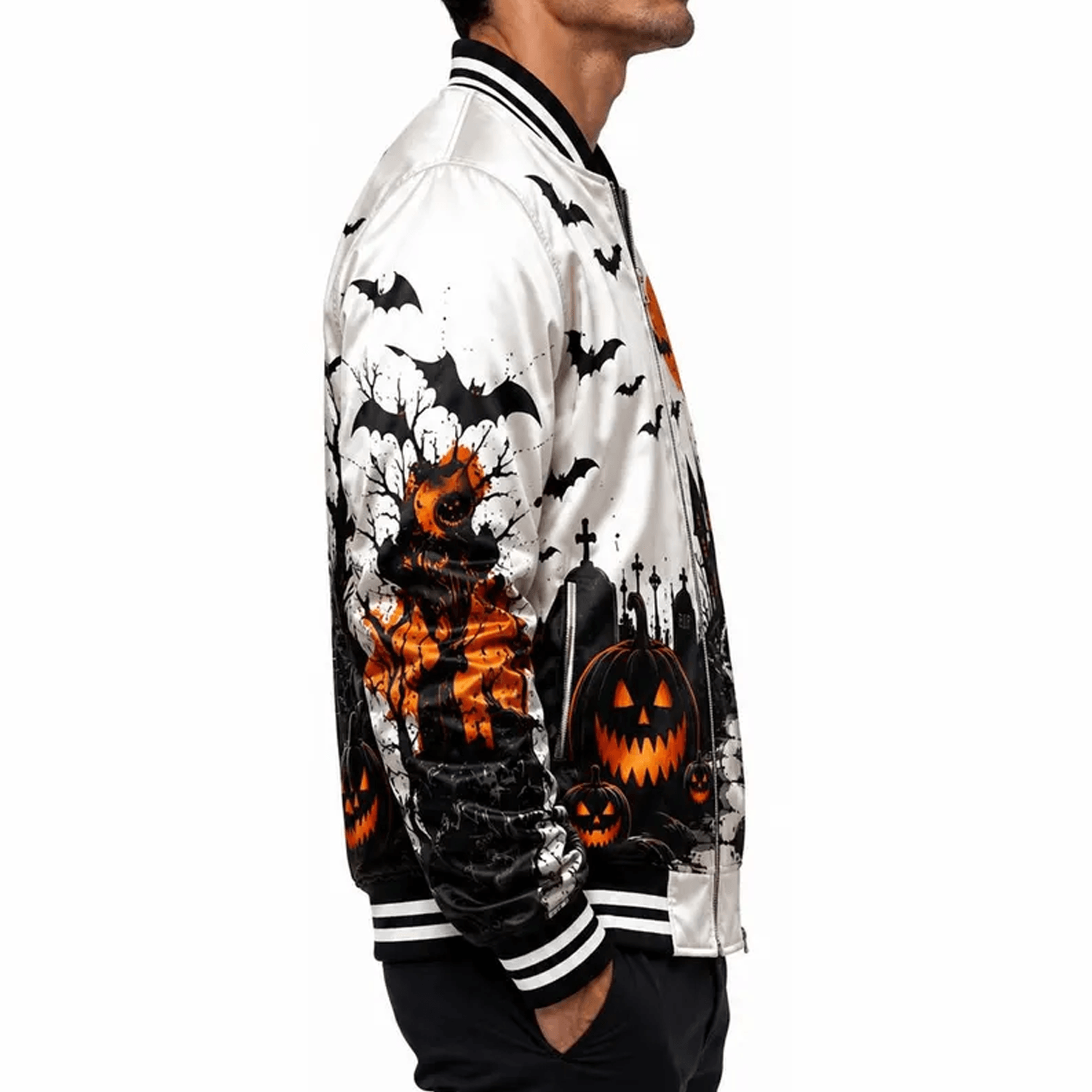 Unisex Happy Halloween Varsity Jacket Haunted House Pumpkin Moon Bat Jacket Gothic Spooky Halloween 3