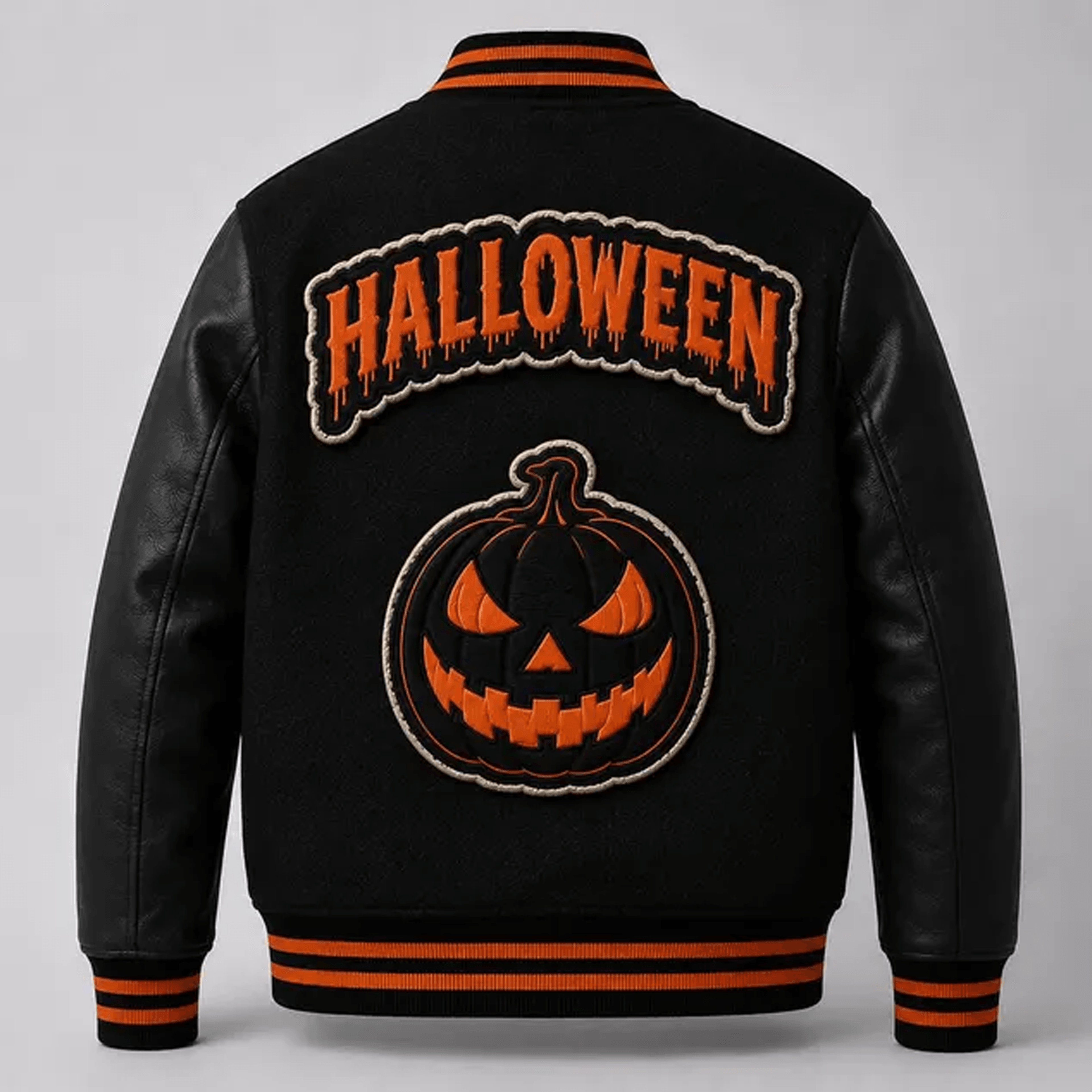 Unisex Halloween Varsity Jacket Trick Or Treat Pumpkin Jacket Black Orange Spooky Letterman Jacket  1