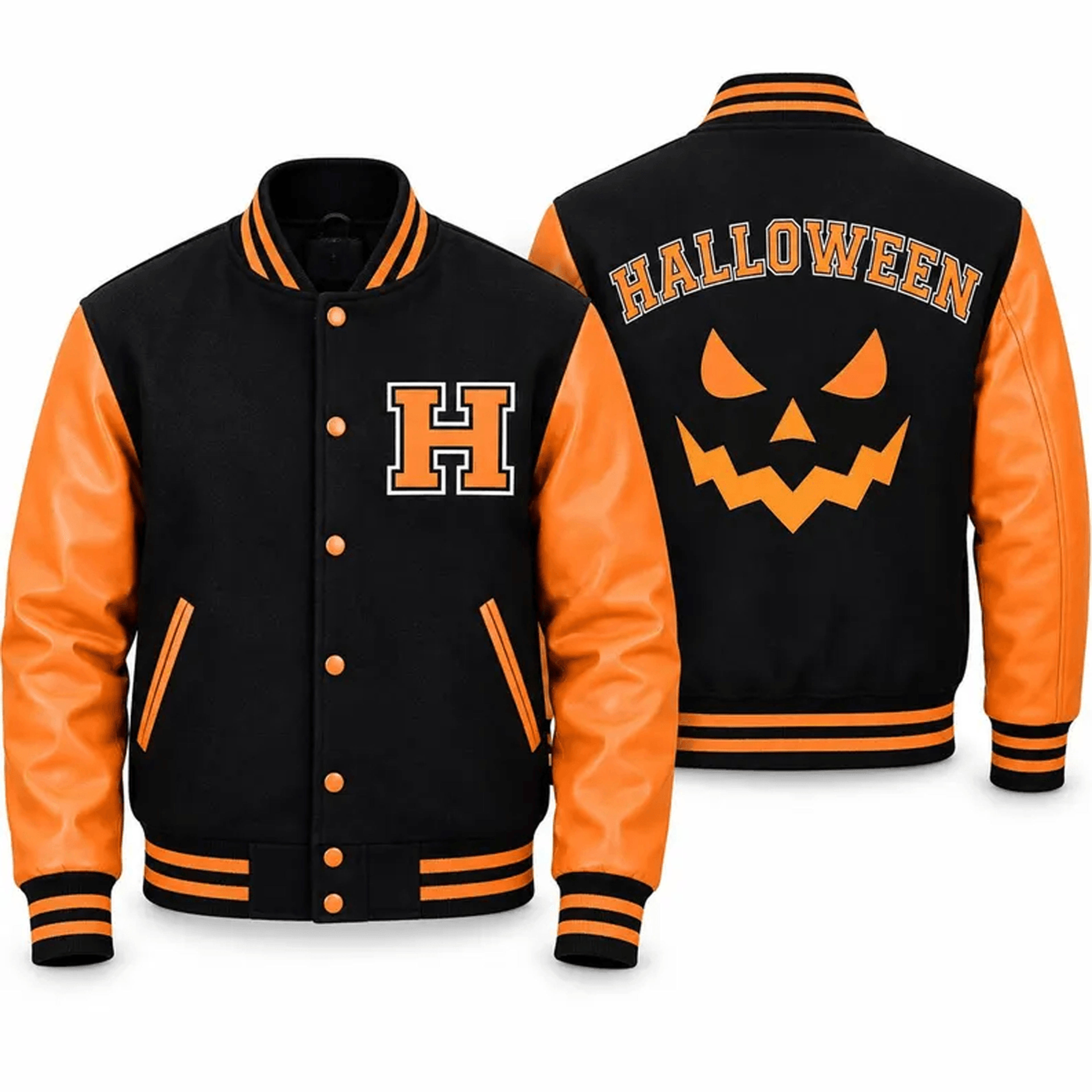 Unisex Halloween Varsity Jacket Jack O Lantern Pumpkin Jacket Black Orange Spooky Halloween Jacket  2