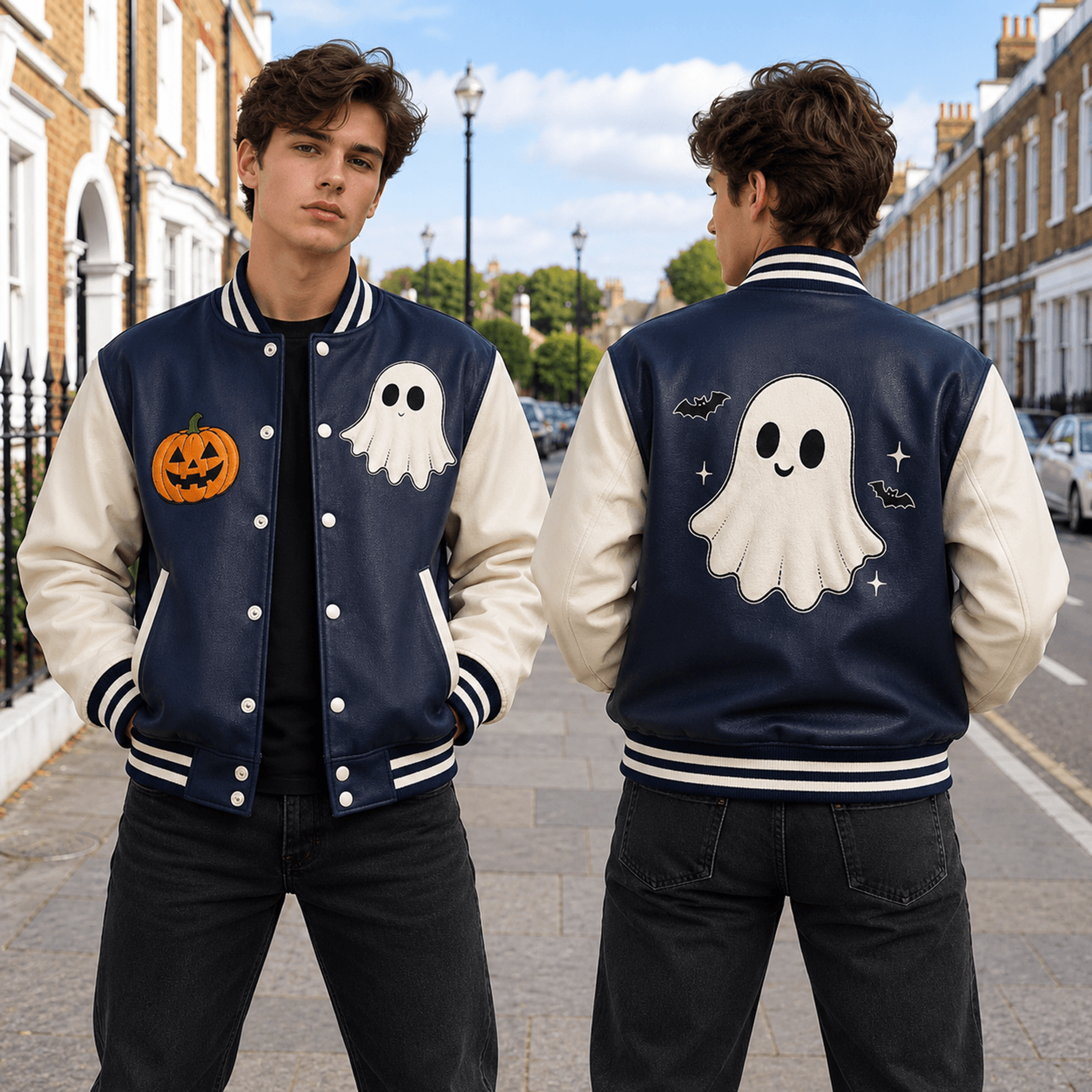 Unisex Halloween Varsity Jacket Cute Ghost Jack O Lantern Pumpkin Bat Jacket Navy Cream Spooky Hall 1