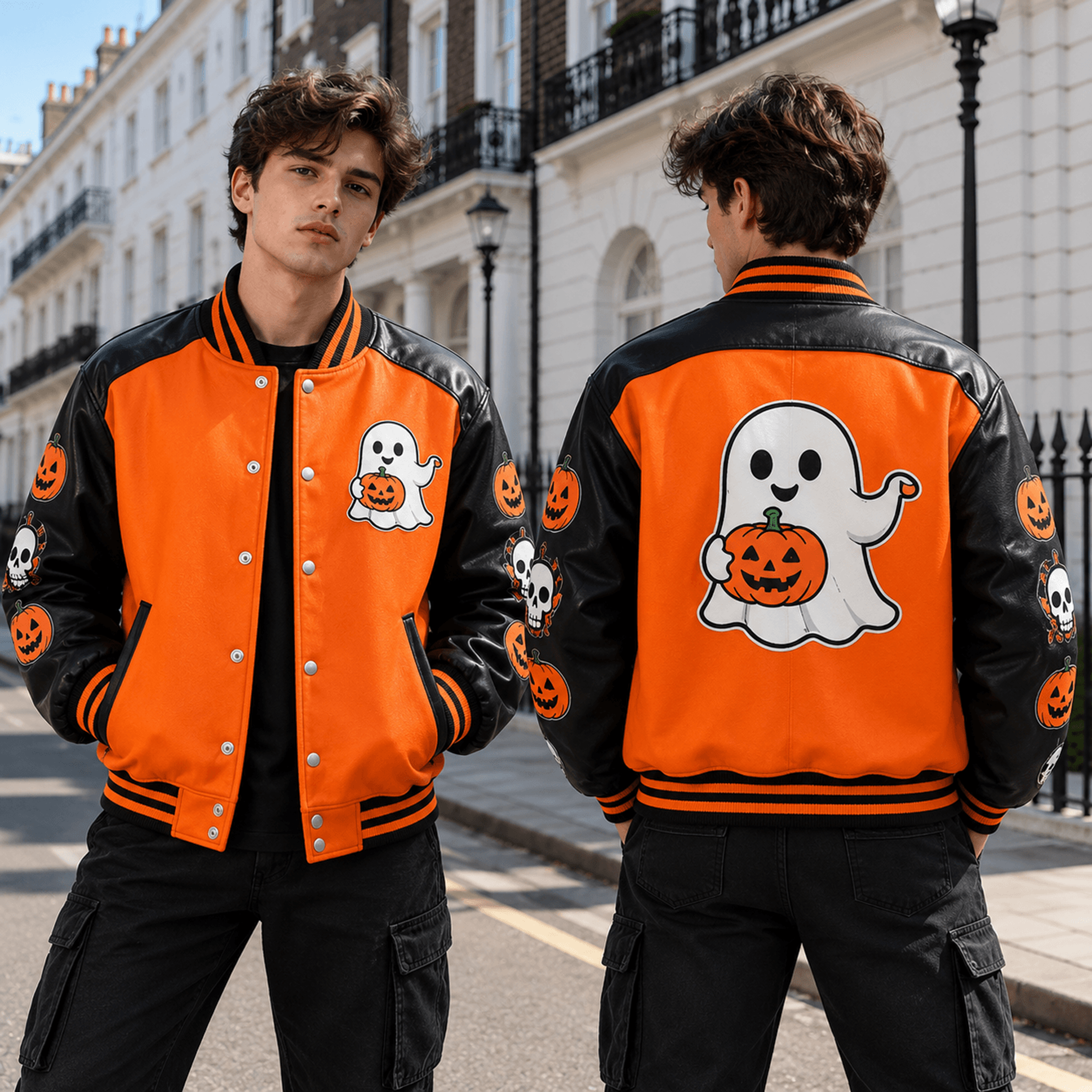 Unisex Halloween Varsity Jacket Ghost Jack O Lantern Skull Design Orange Black Spooky Pumpkin Jacke 1