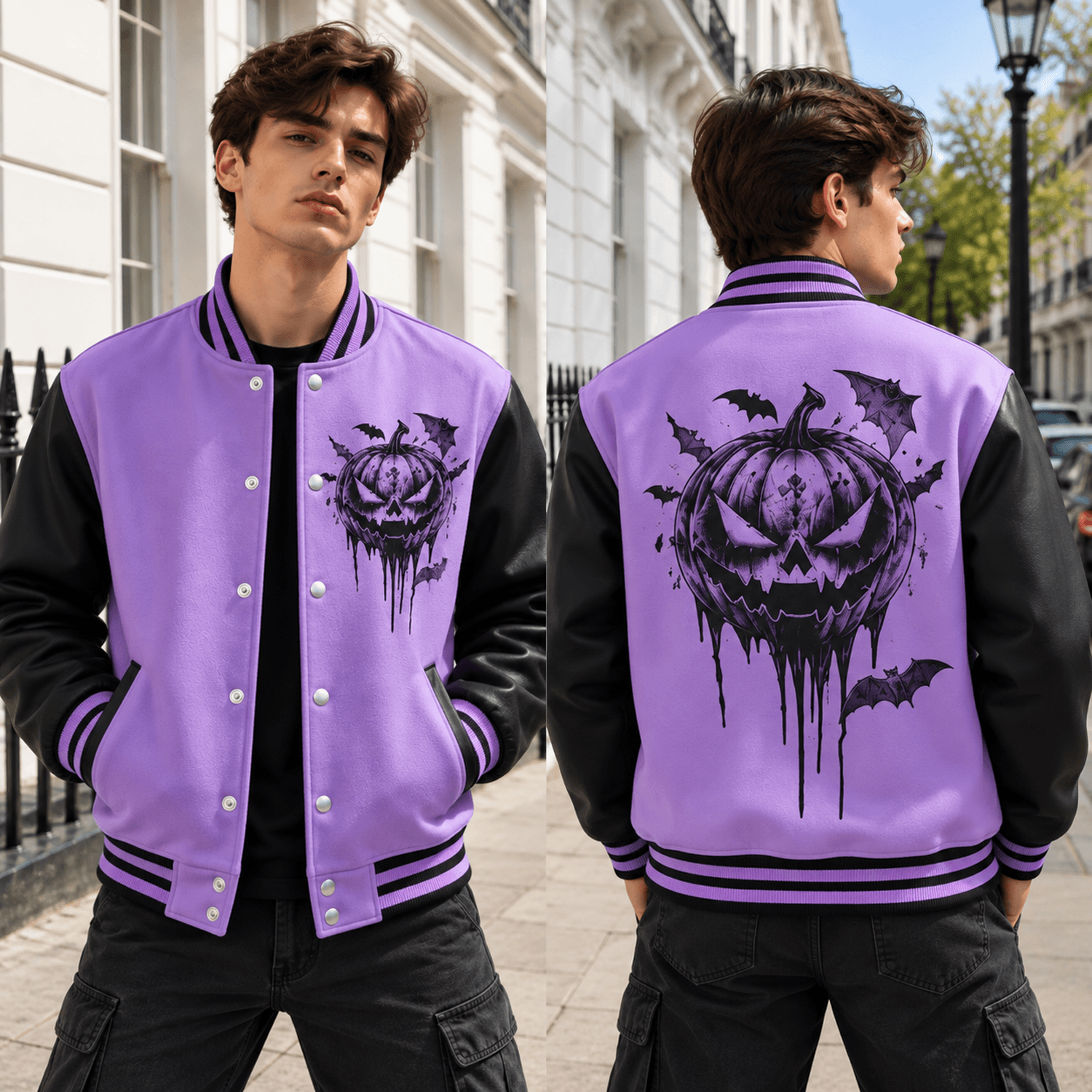 Unisex Halloween Varsity Jacket Gothic Jack O Lantern Pumpkin Bat Design Purple Black Spooky Horror 0