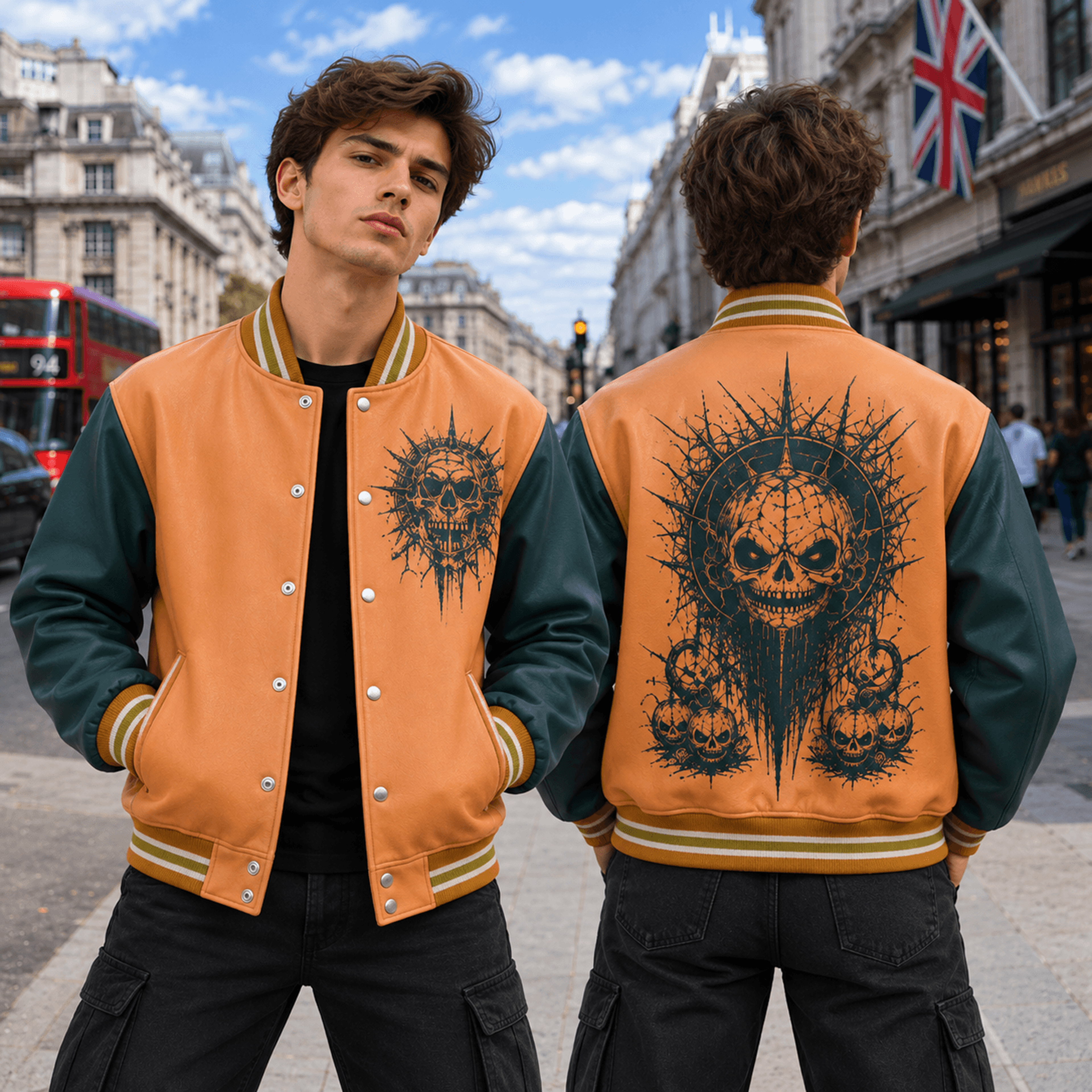 Unisex Halloween Varsity Jacket Gothic Skull Pumpkin Thorn Design Orange Green Spooky Horror Jacket 1
