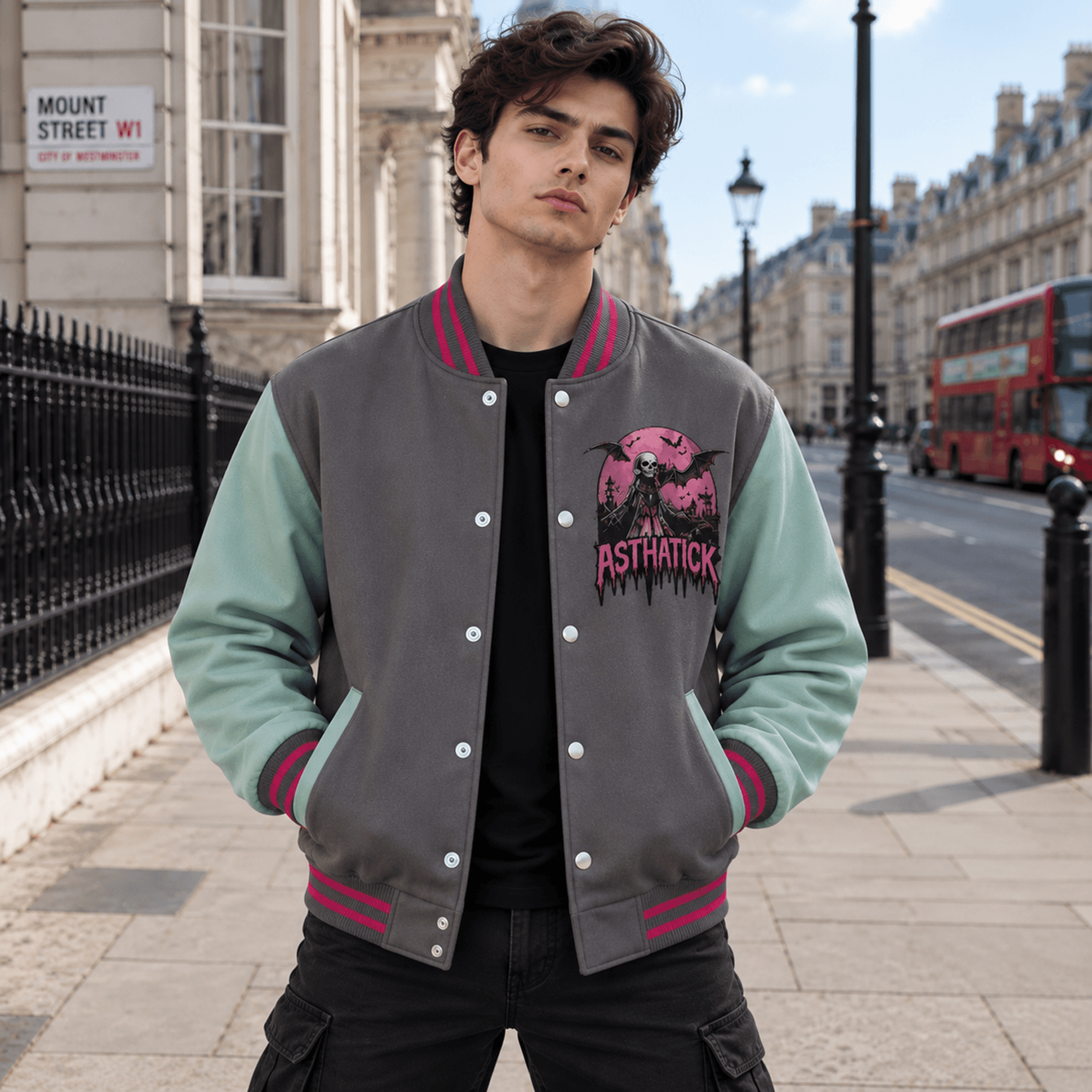 Unisex Halloween Varsity Jacket Skull Reaper Bat Pink Moon Design Gray Mint Gothic Horror Spooky Ja 0